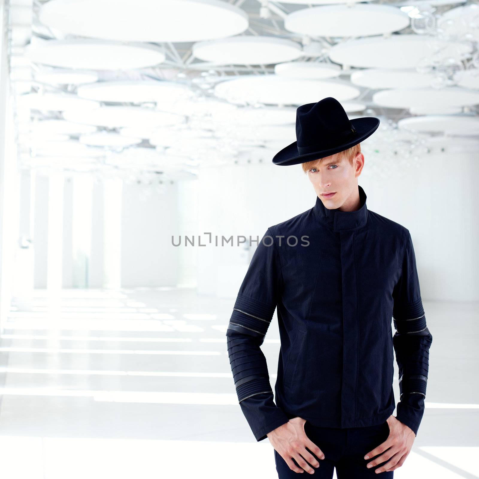 black far west modern fashion man with hat in modern indoor