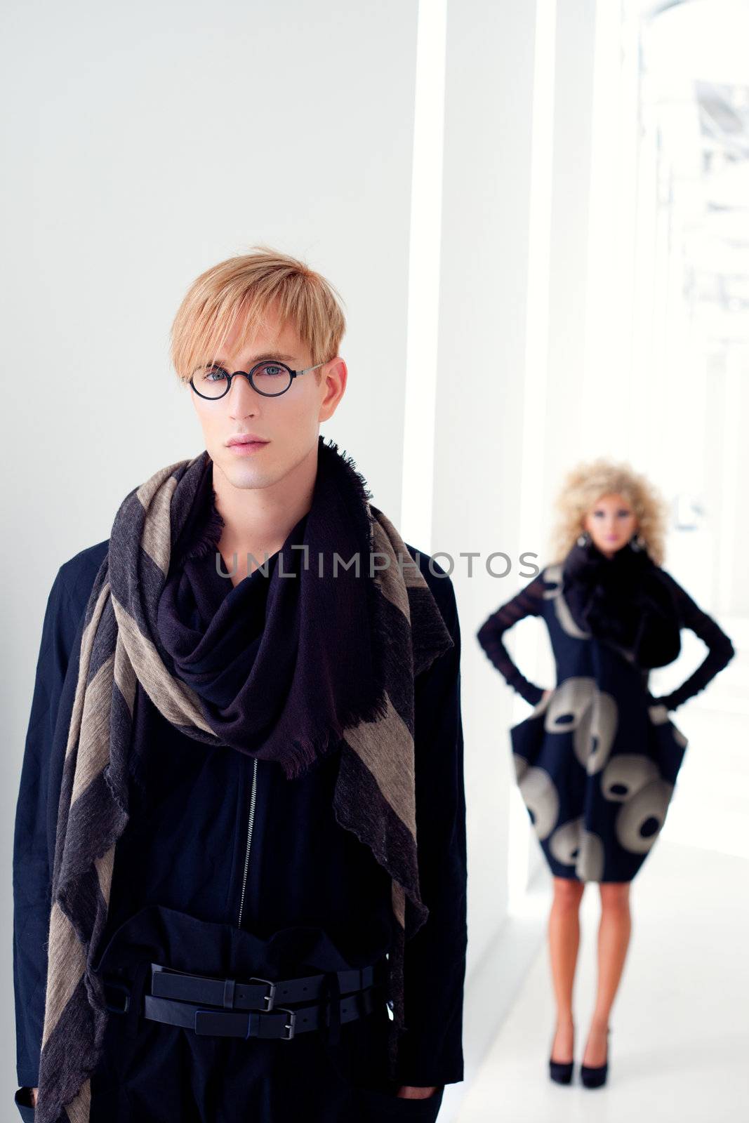 classic modern student man with fashion woman in modern white indoor