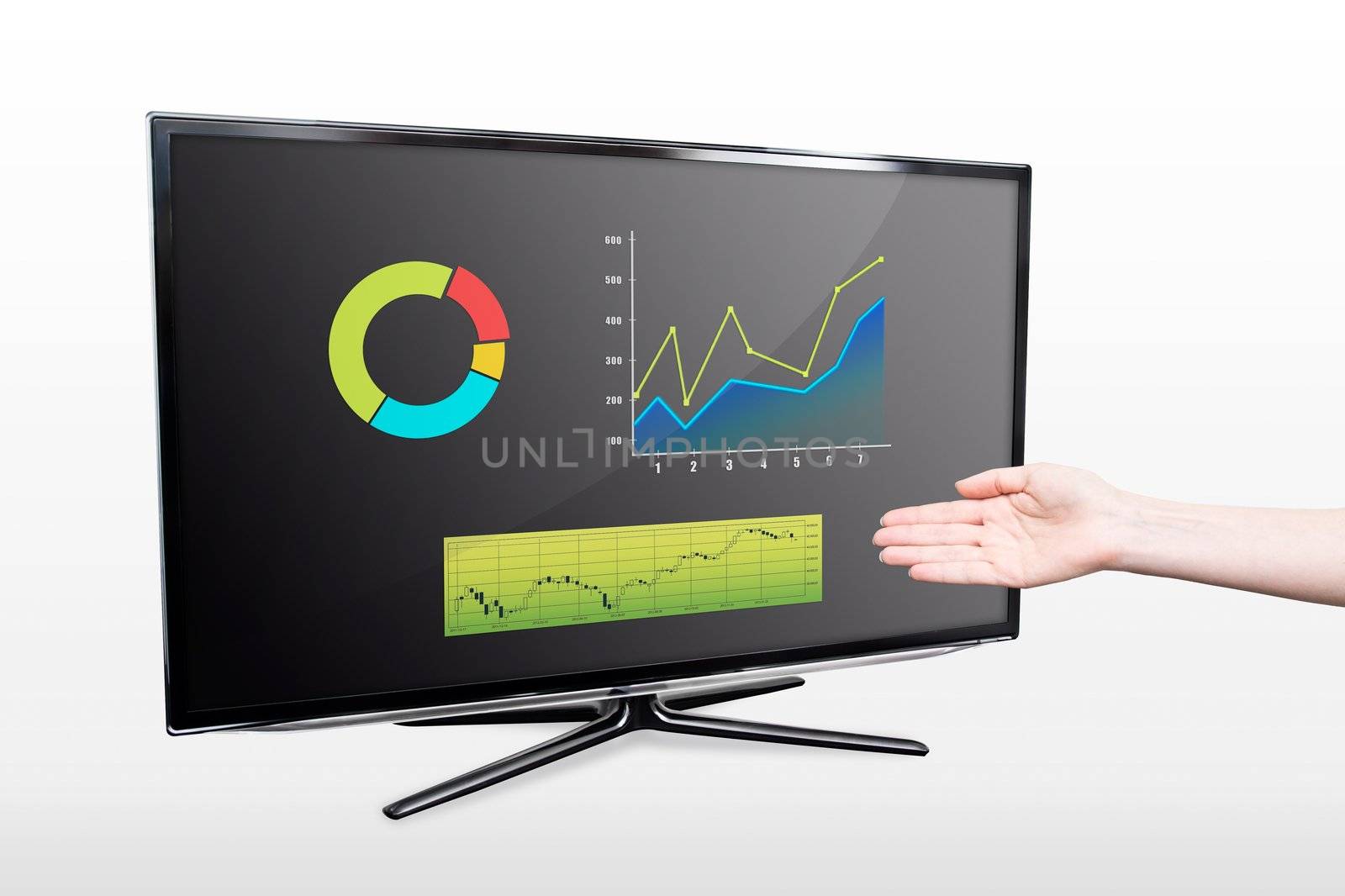 Business success growth chart. Hand showing modern TV screen by simpson33