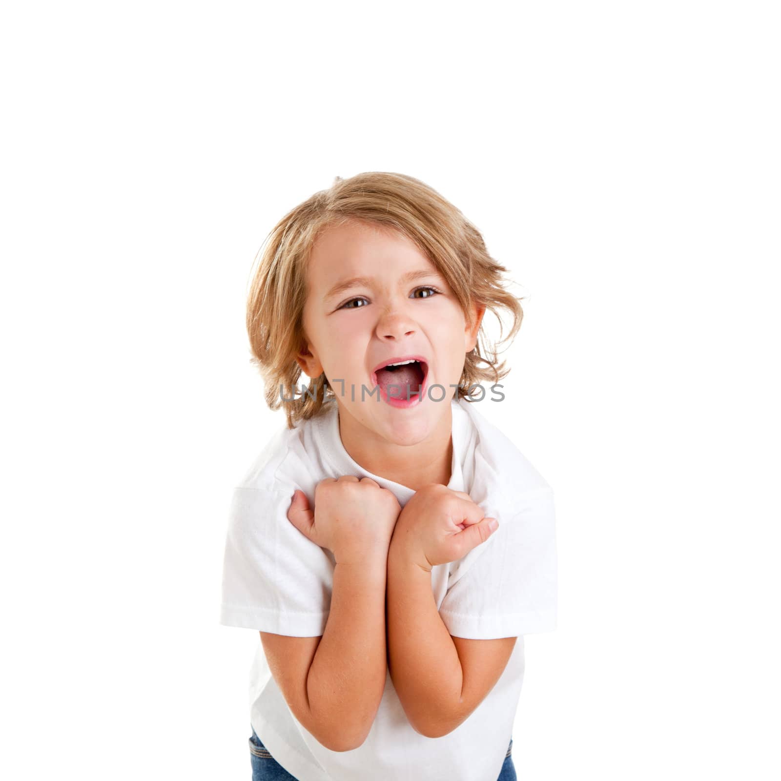 children excited kid with happy winner expression isolated on white