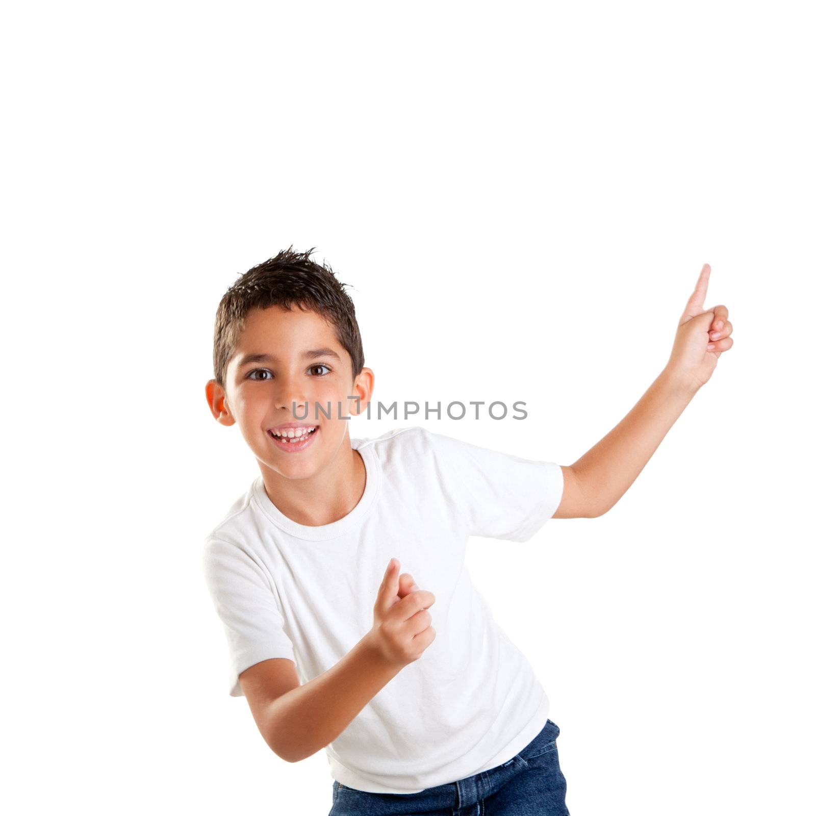 dancing happy children kid boy with fingers up isolated on white