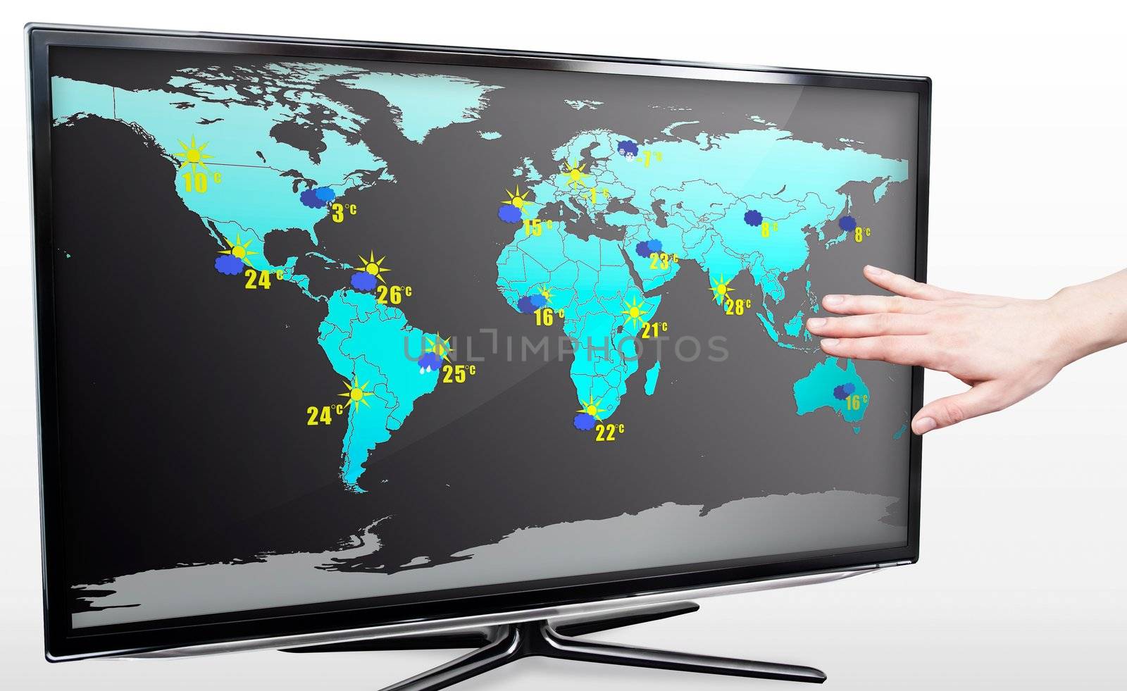 Hand showing weather forecast on modern TV screen by simpson33