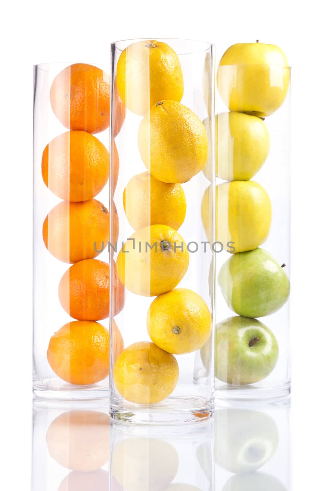 Group of fruit in glass: Oranges, Lemons, Appless