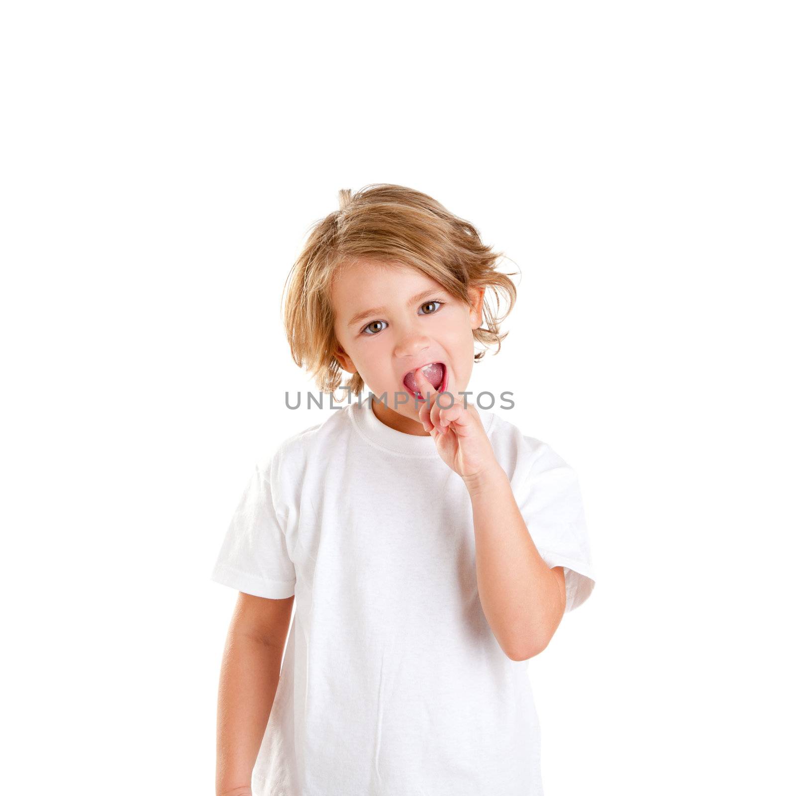 children kid with tooth ache and finger in pain teeth on white