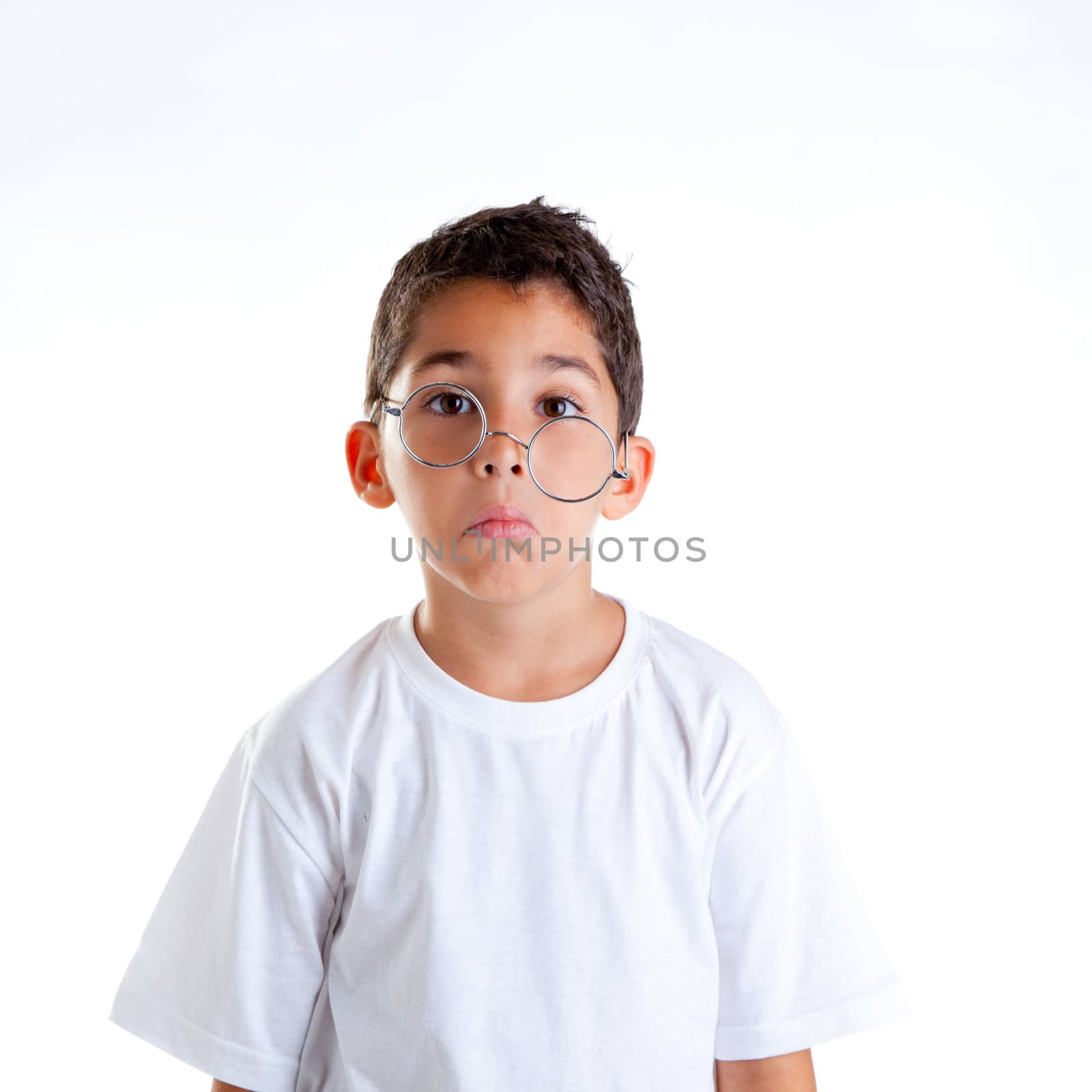 children nerd kid boy with glasses and silly expression isolated on white