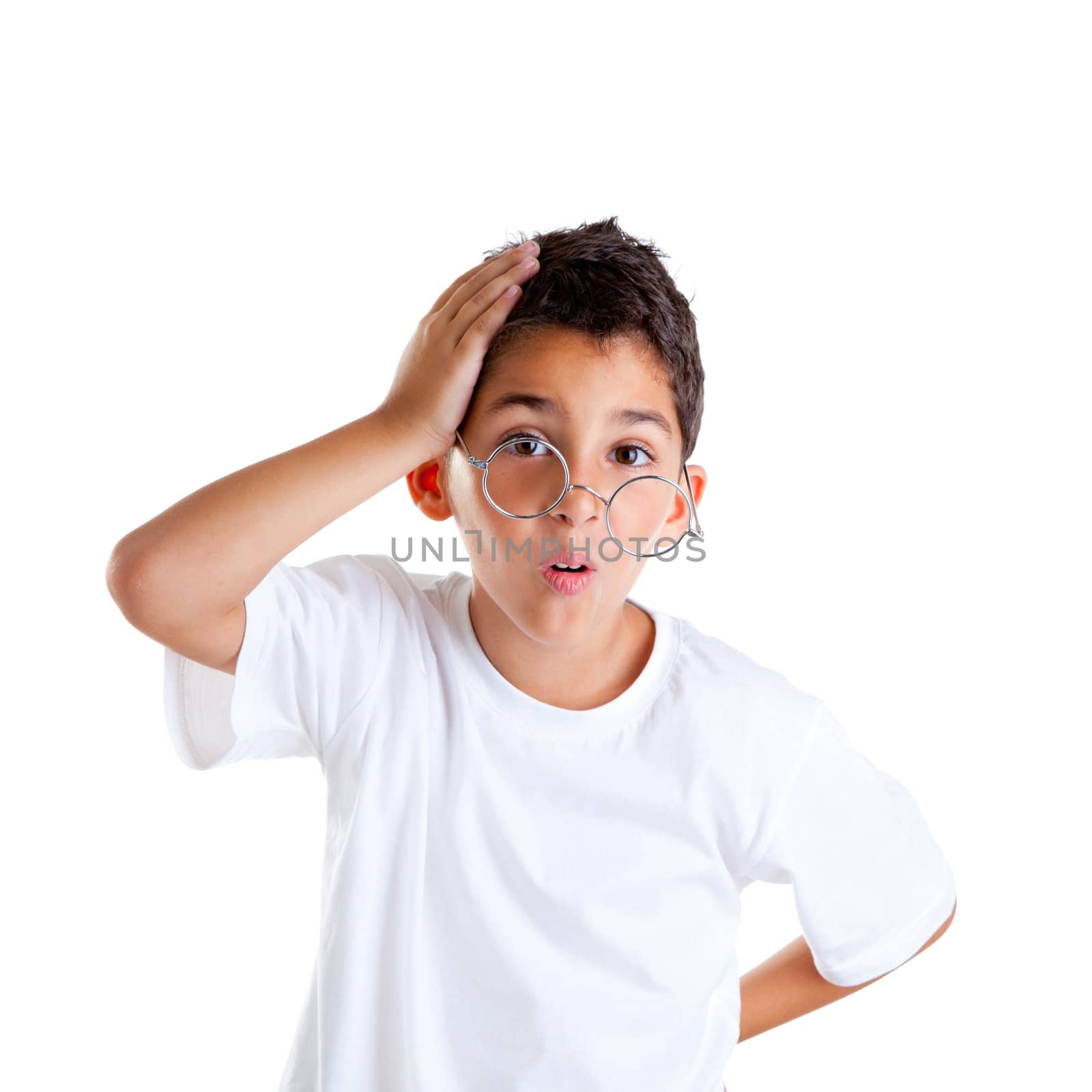 children nerd kid boy with glasses and silly expression isolated on white