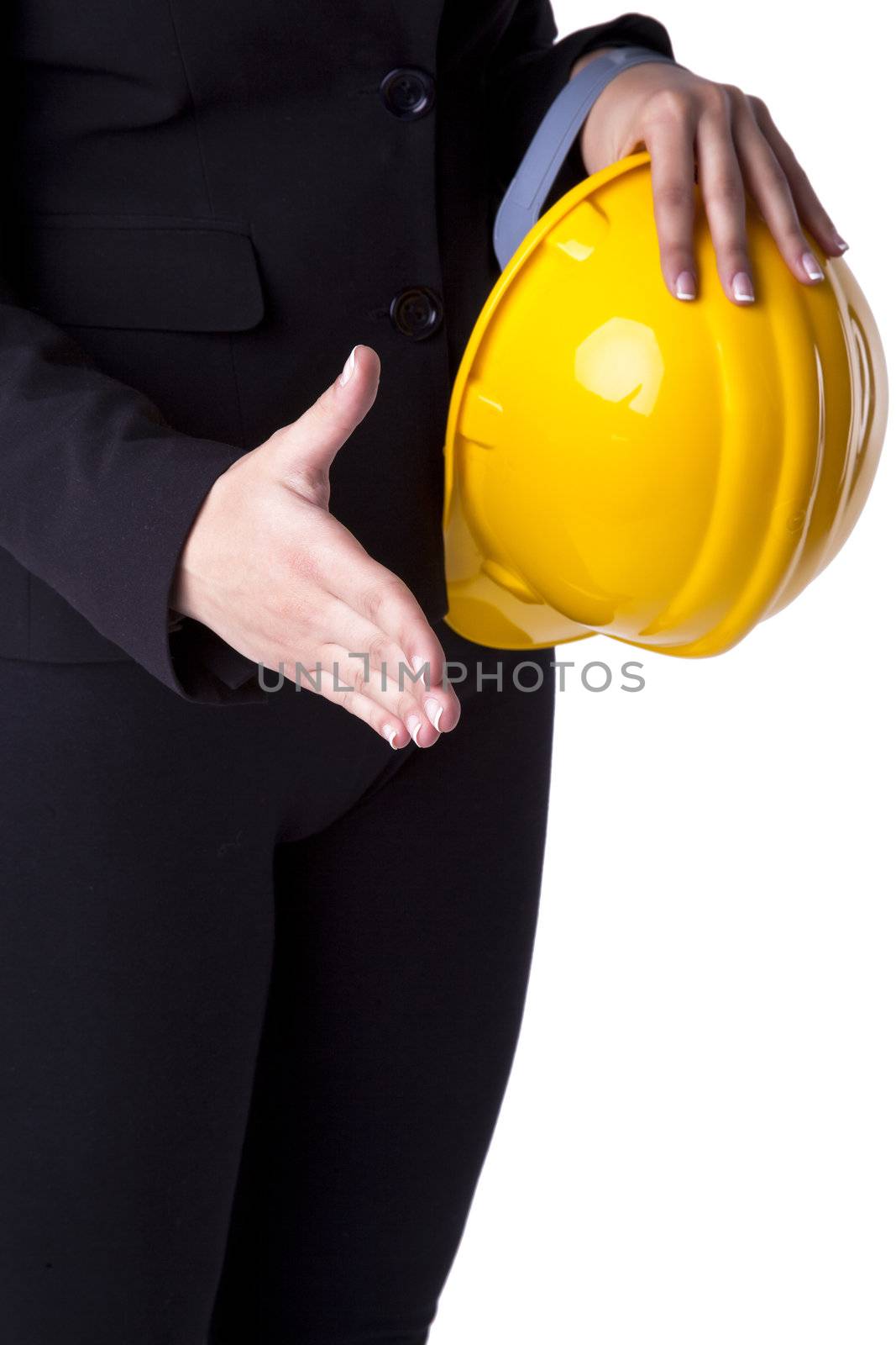 Businesswoman with hardhat Ready For Handshaking by adamr