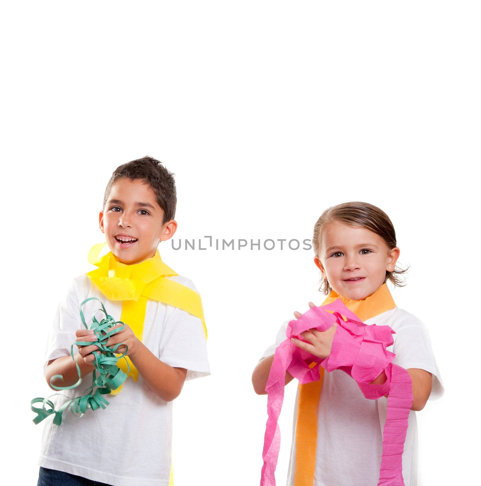 two children kids in a party with messy colorful paper ribbon