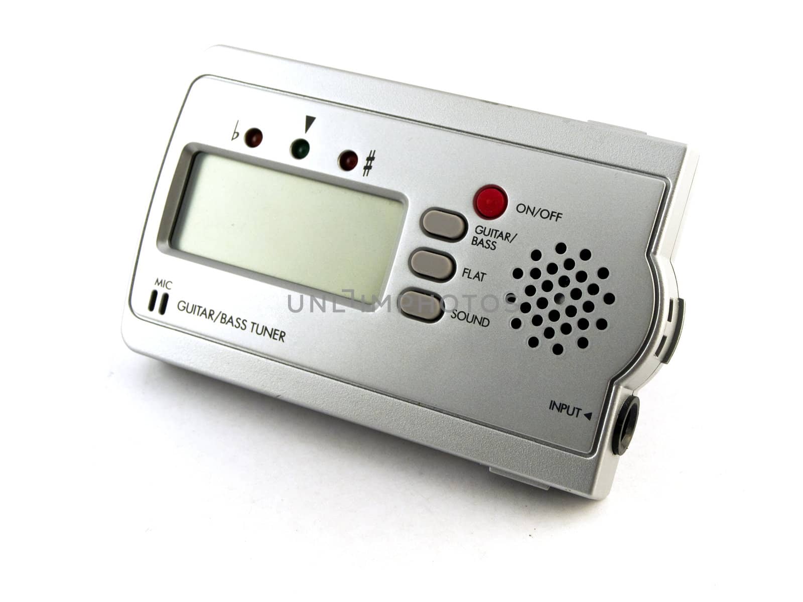 Silver Digital Guitar Tuner on White Background by bobbigmac