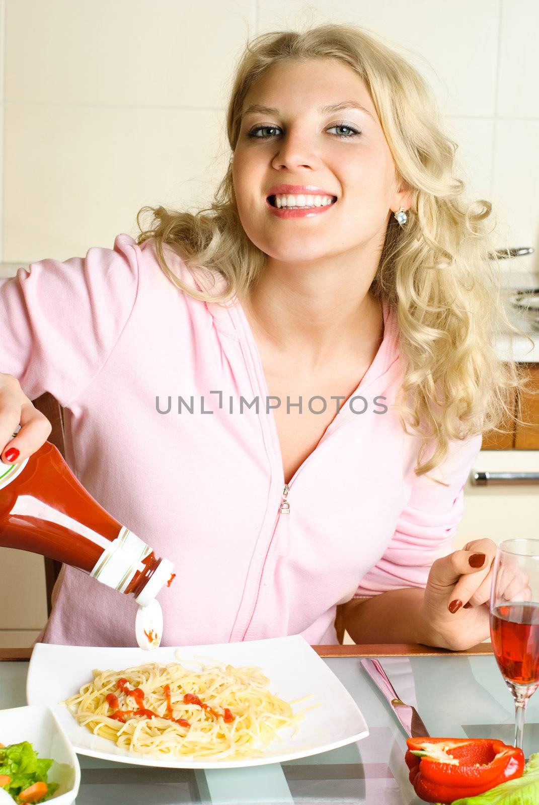 pretty girl eating spaghetti by lanak