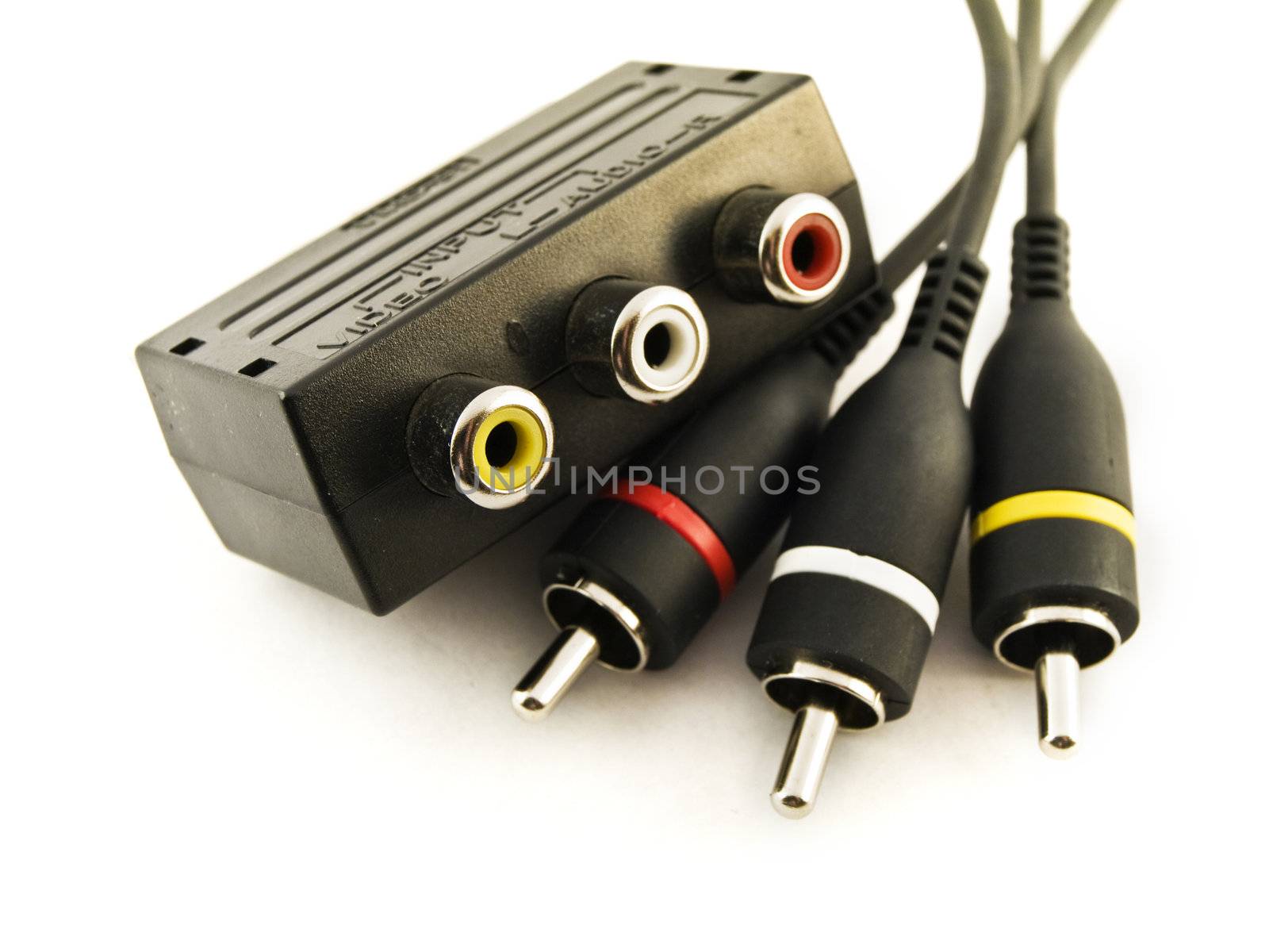 Red Yellow and White Audio Visual Leads on White Background by bobbigmac