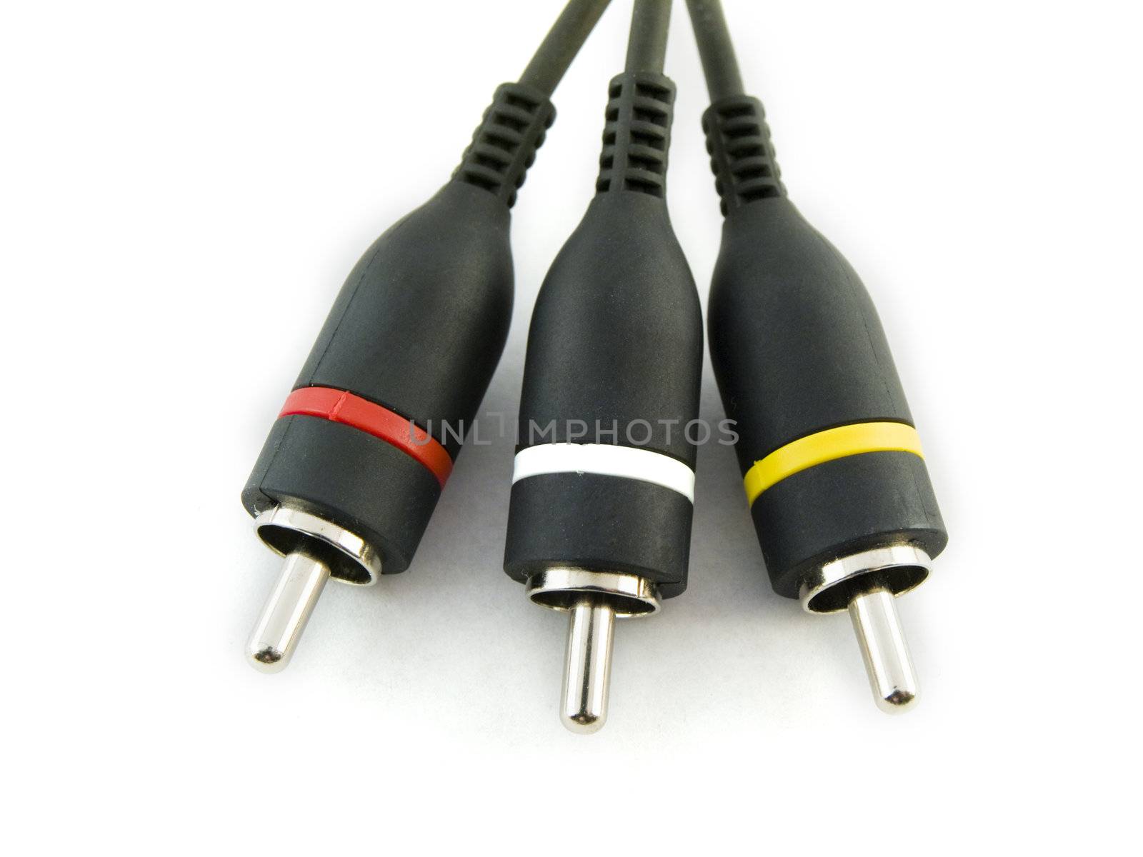 Red Yellow and White Audio Visual Leads on White Background