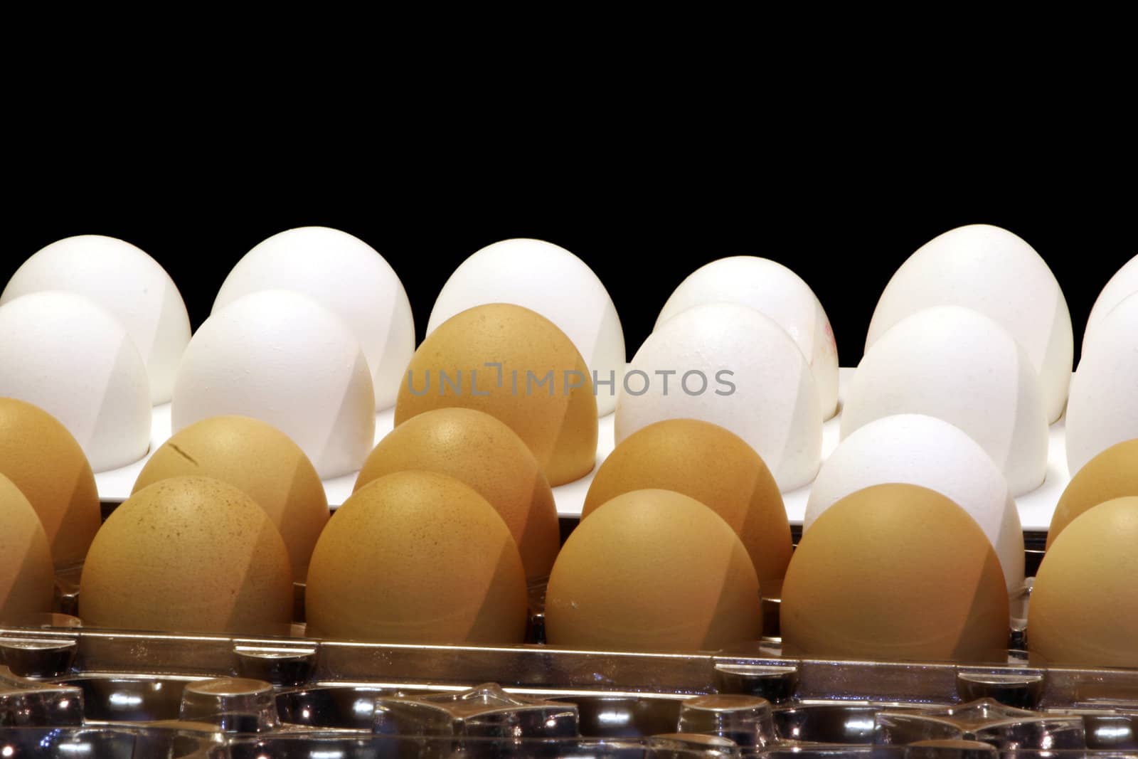 White and brown eggs in a holder with black background