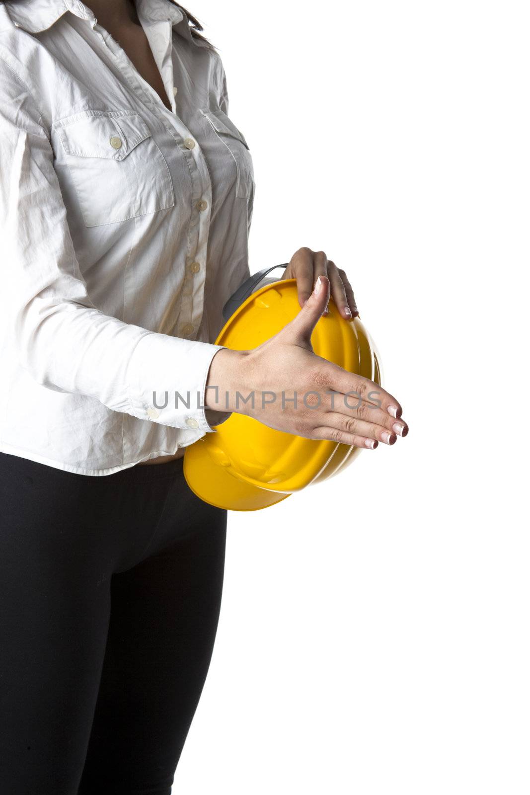 Businesswoman with hardhat Ready For Handshaking by adamr