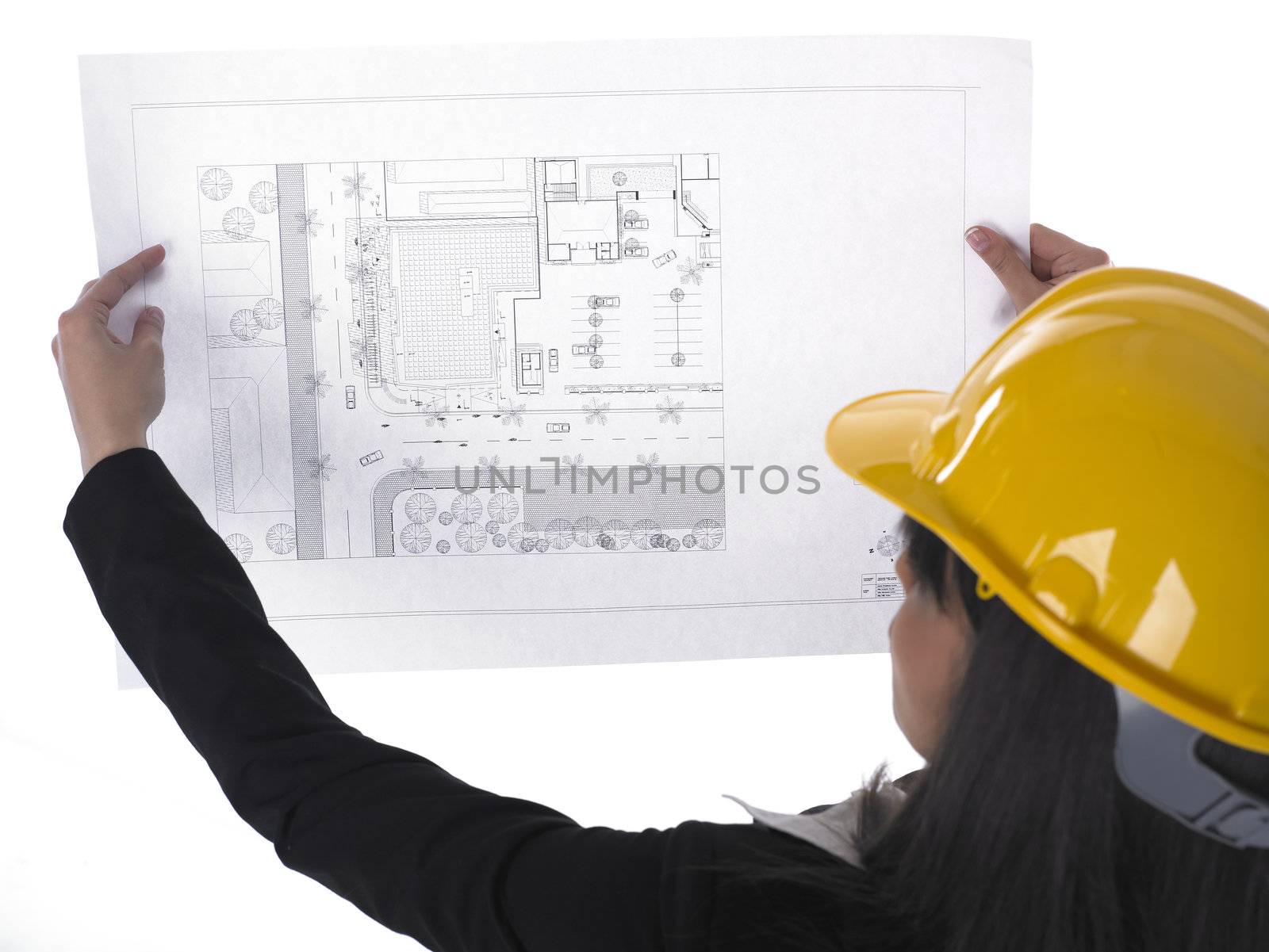 Woman Architects With Hardhat Work On Plan