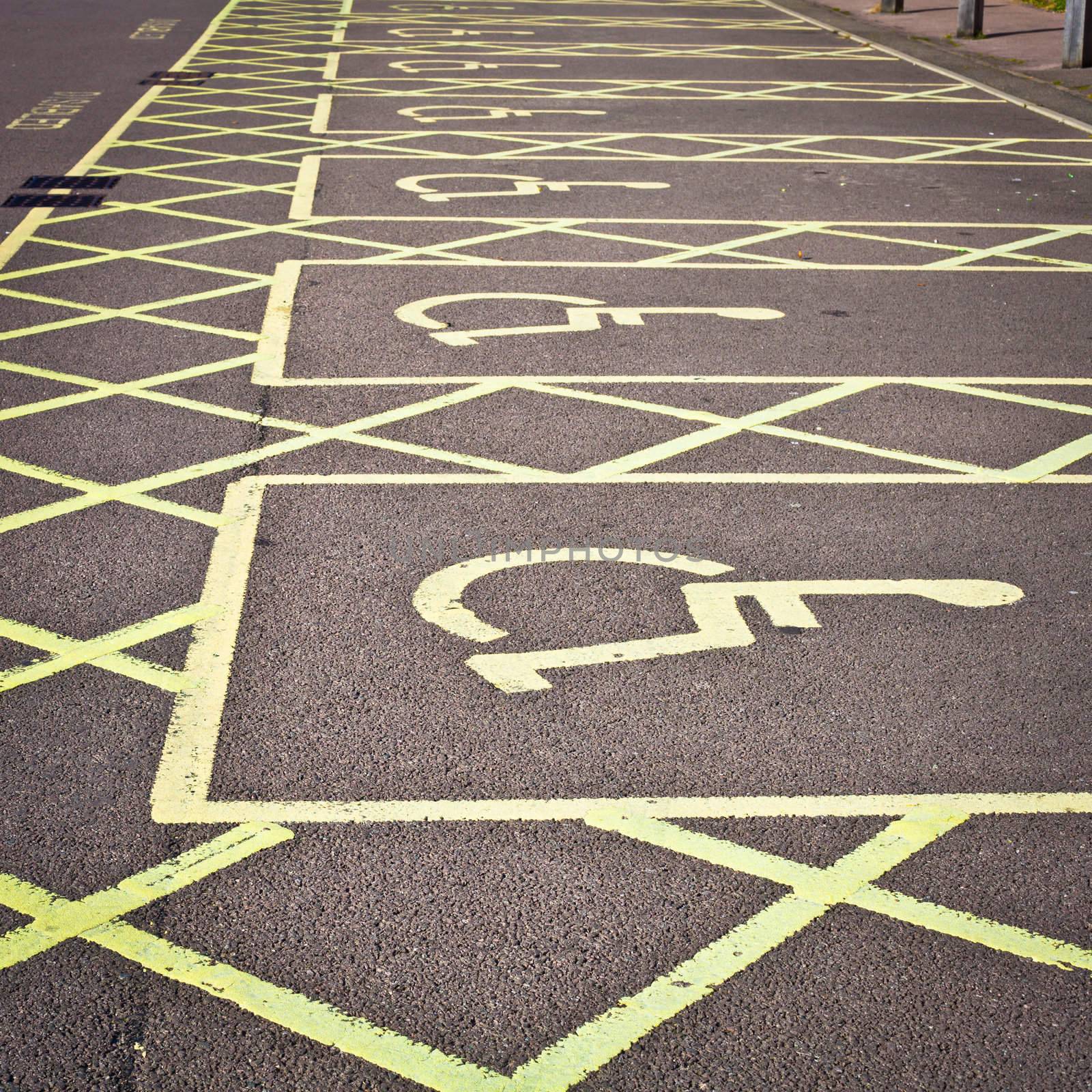 Row of empty disabled parking spaces in a parking lot