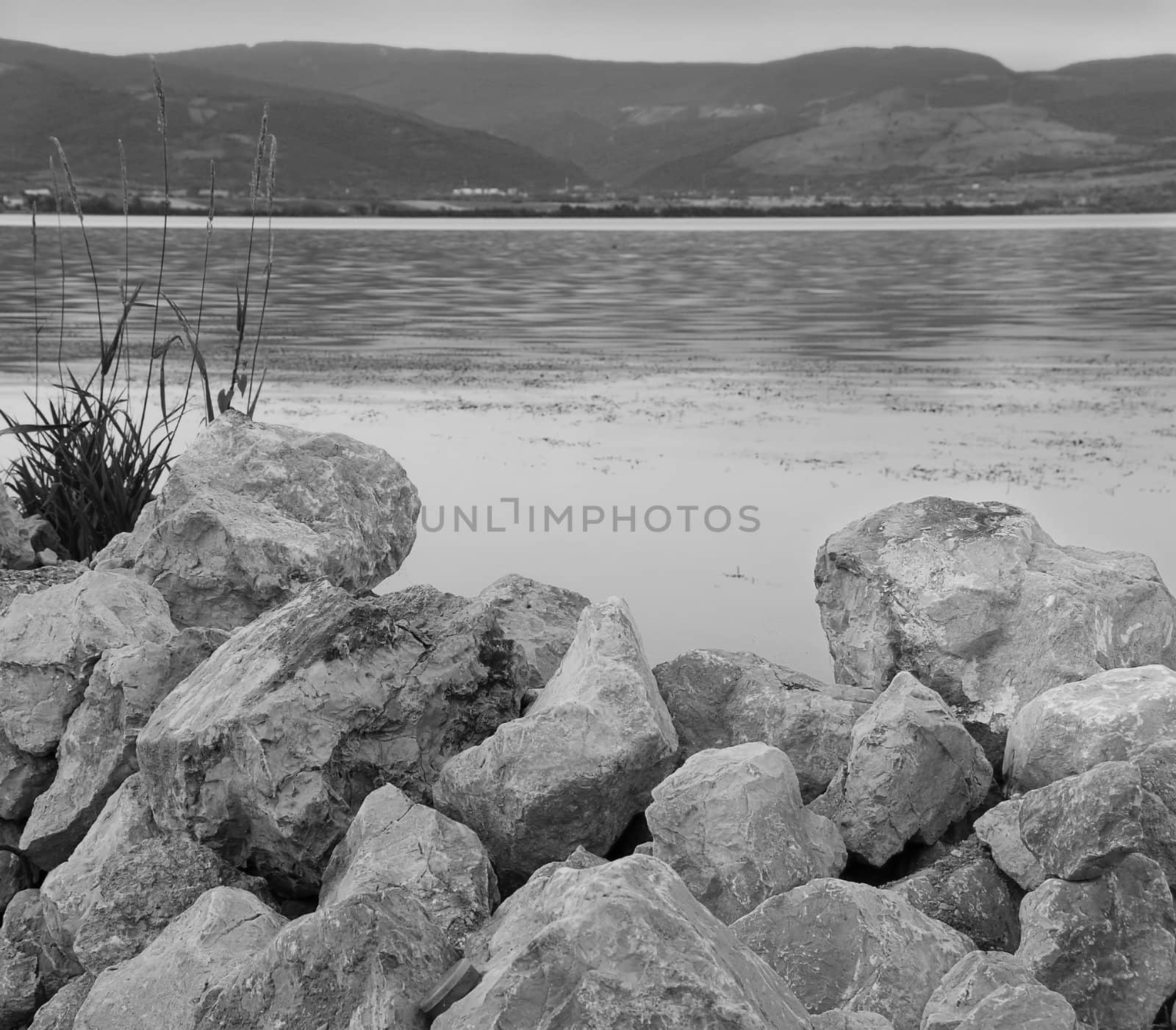 stones on riverbank over Danube river, black and white landscape