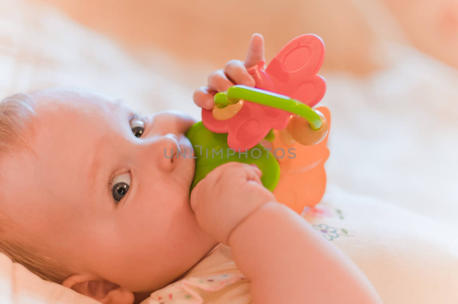Closeup portrait of baby playing with toy
