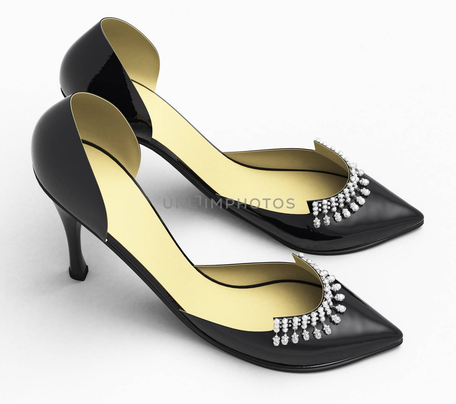 Black patent leather women's high heels closeup on a light background