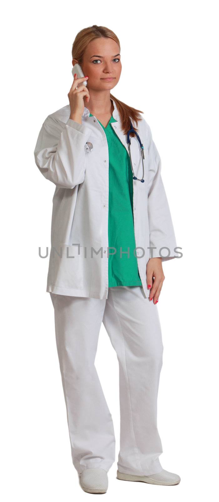 Young blonde woman doctor on the phone isolated against a white background.