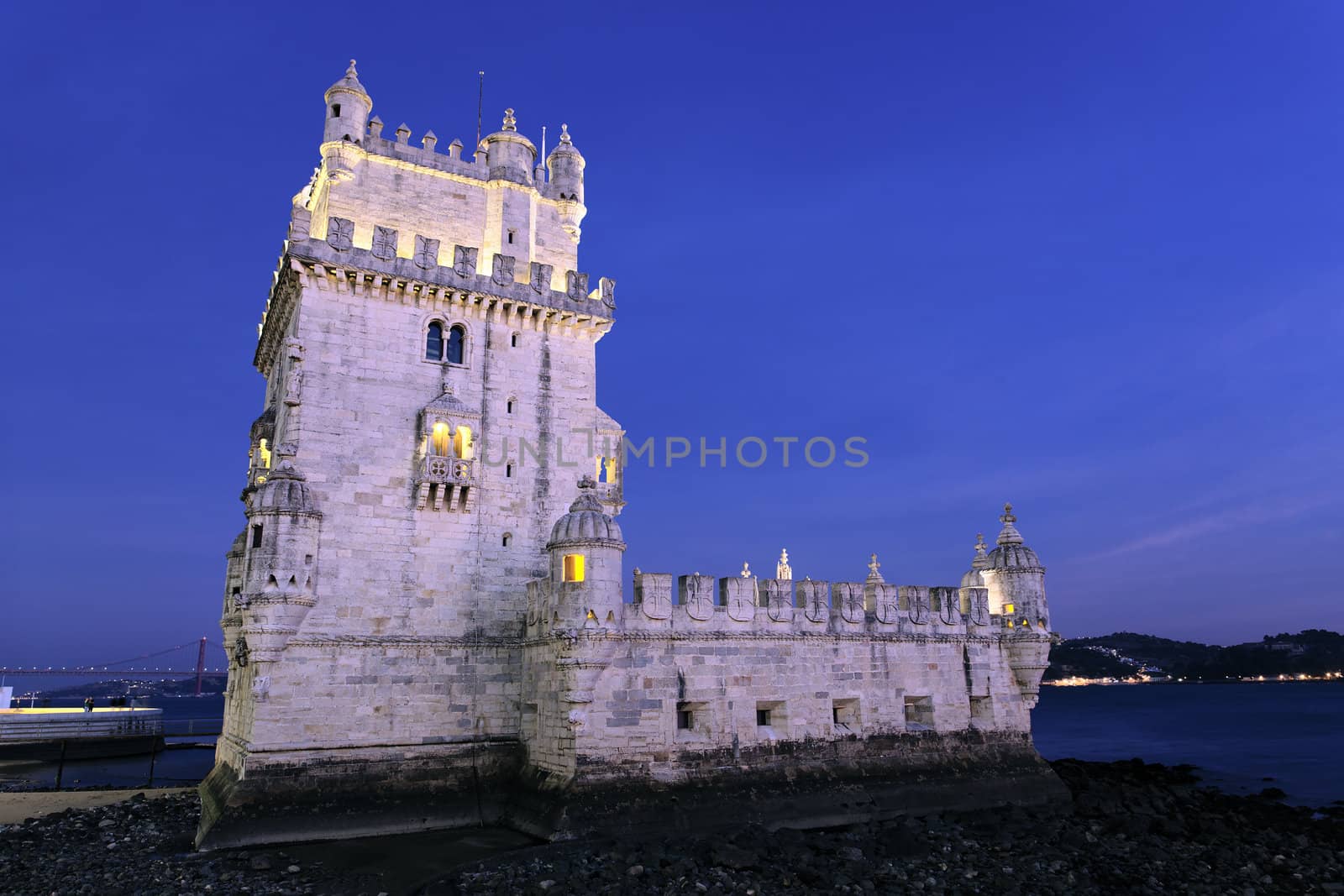 famous Tower of Belem by night. Lisbon, Portugal. 