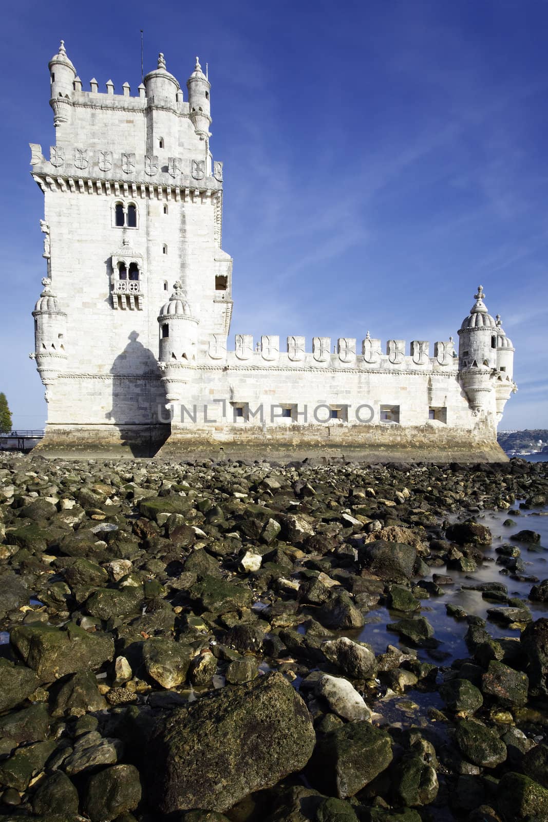 famous Tower of Belem in evening. Lisbon, Portugal. 