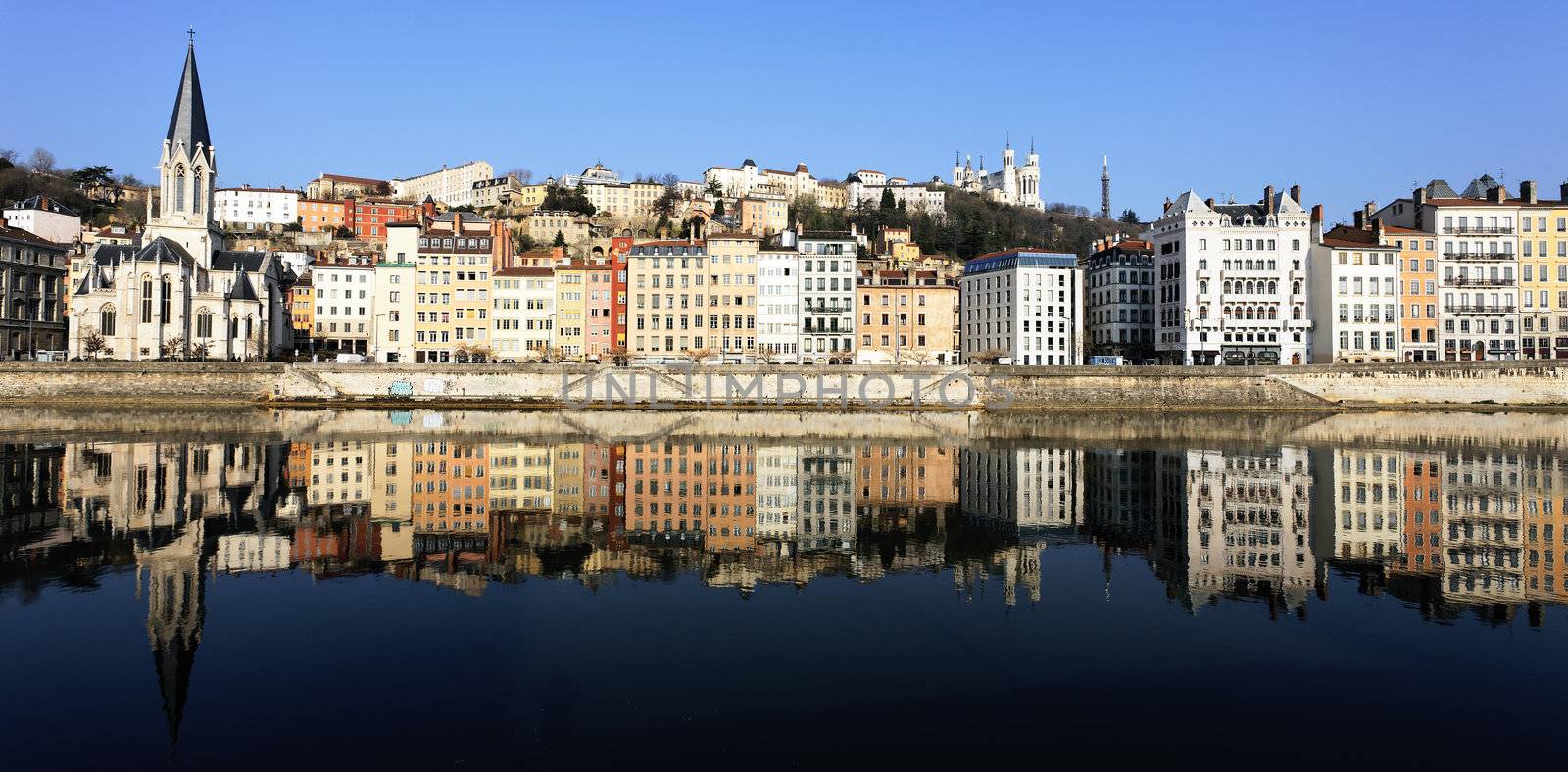 panoramic view of Lyon and Saone River by vwalakte