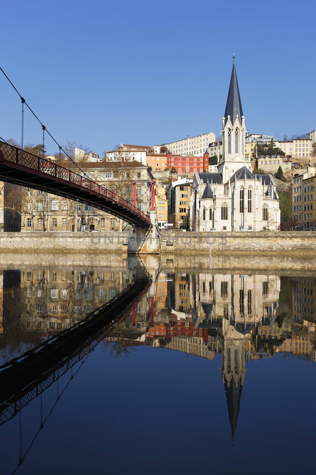vertical view of Lyon and Saone River in France 