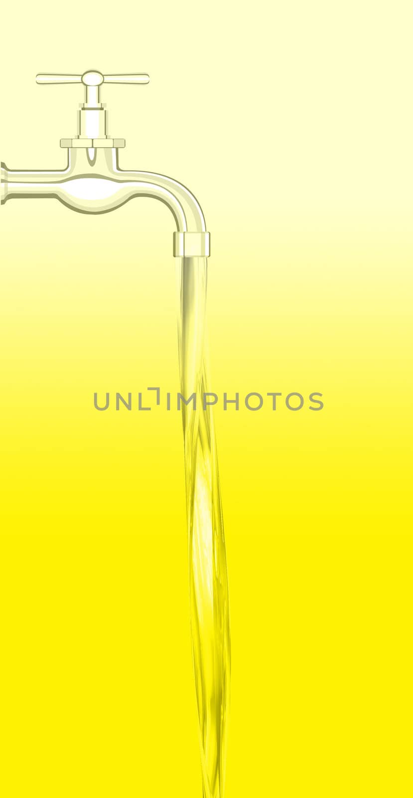 a water tap with realistic flowing water, on a yellow background