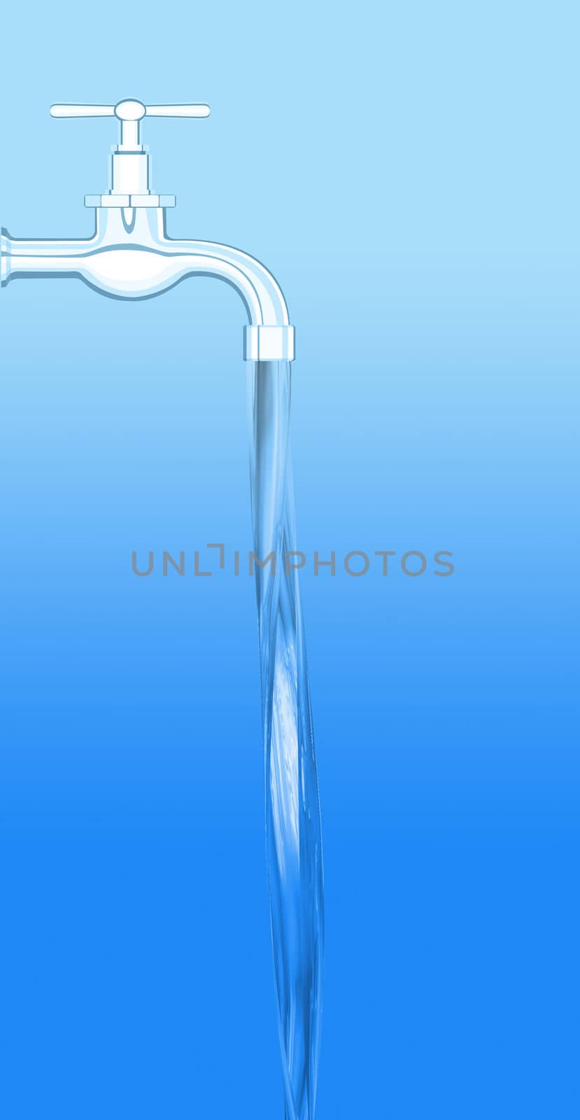 a water tap with realistic flowing water, on a blue background