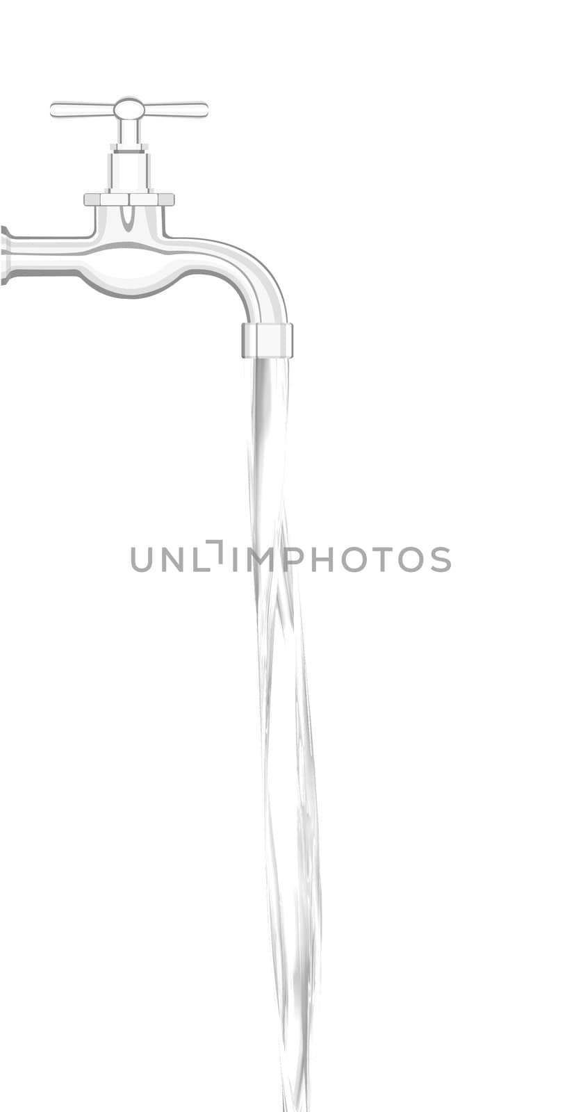 a water tap with realistic flowing water, on a white background