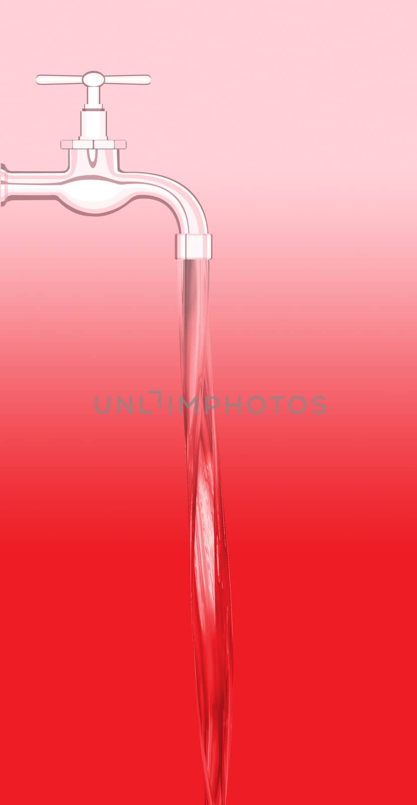 a water tap with realistic flowing water, on a red background