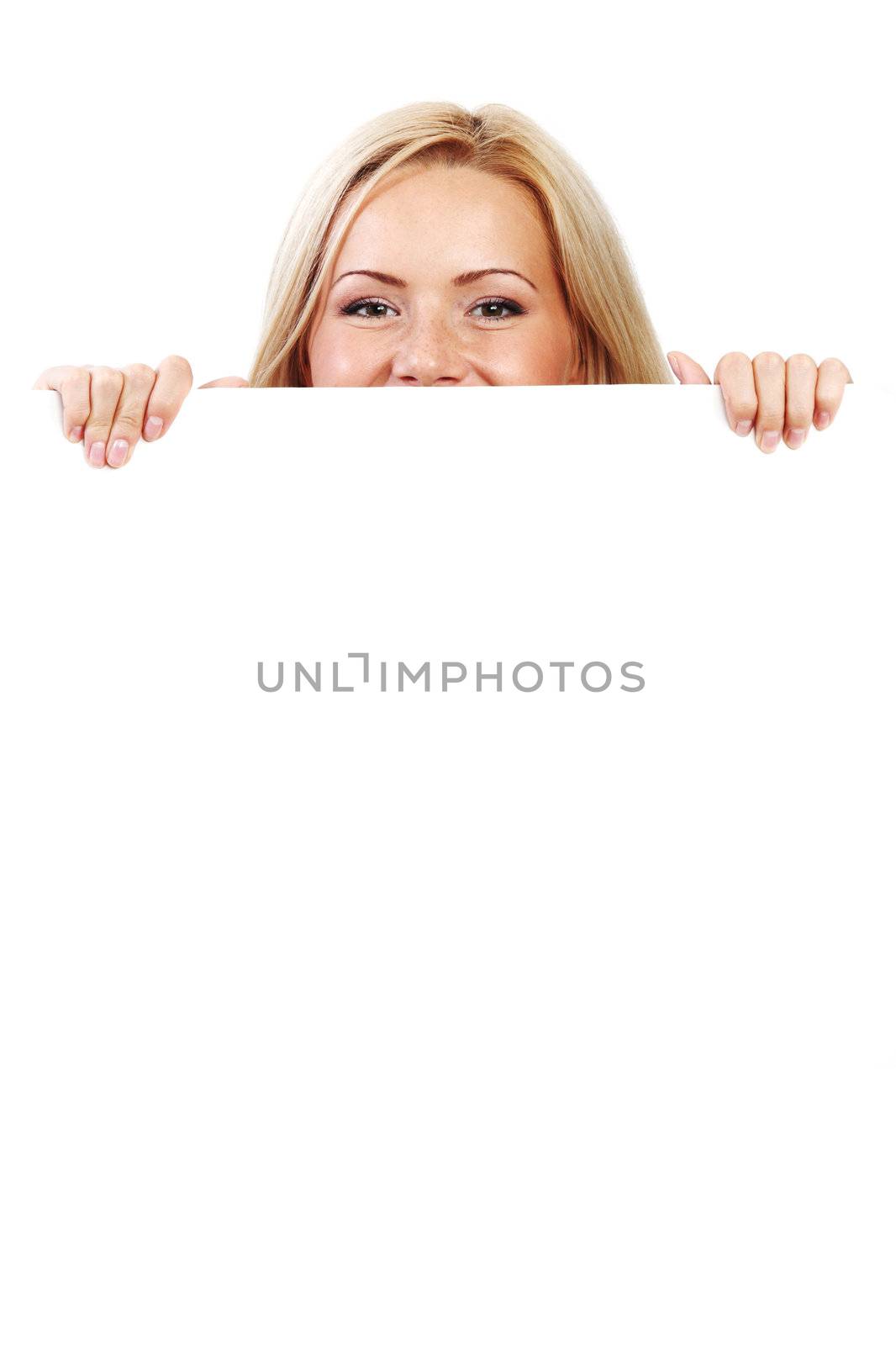 business woman hidden behind a white sheet of paper