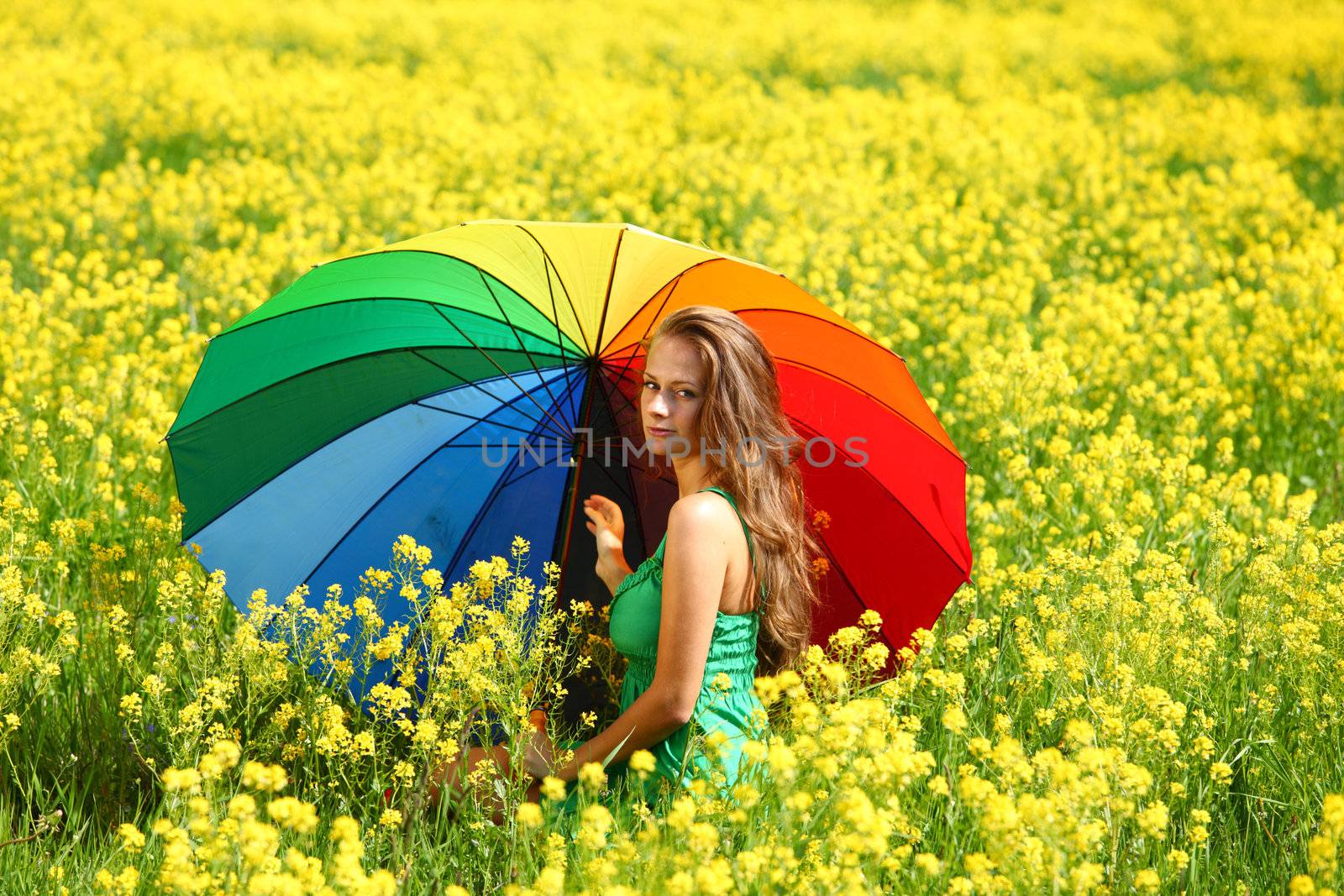 woman under umbrella on yellow flower field