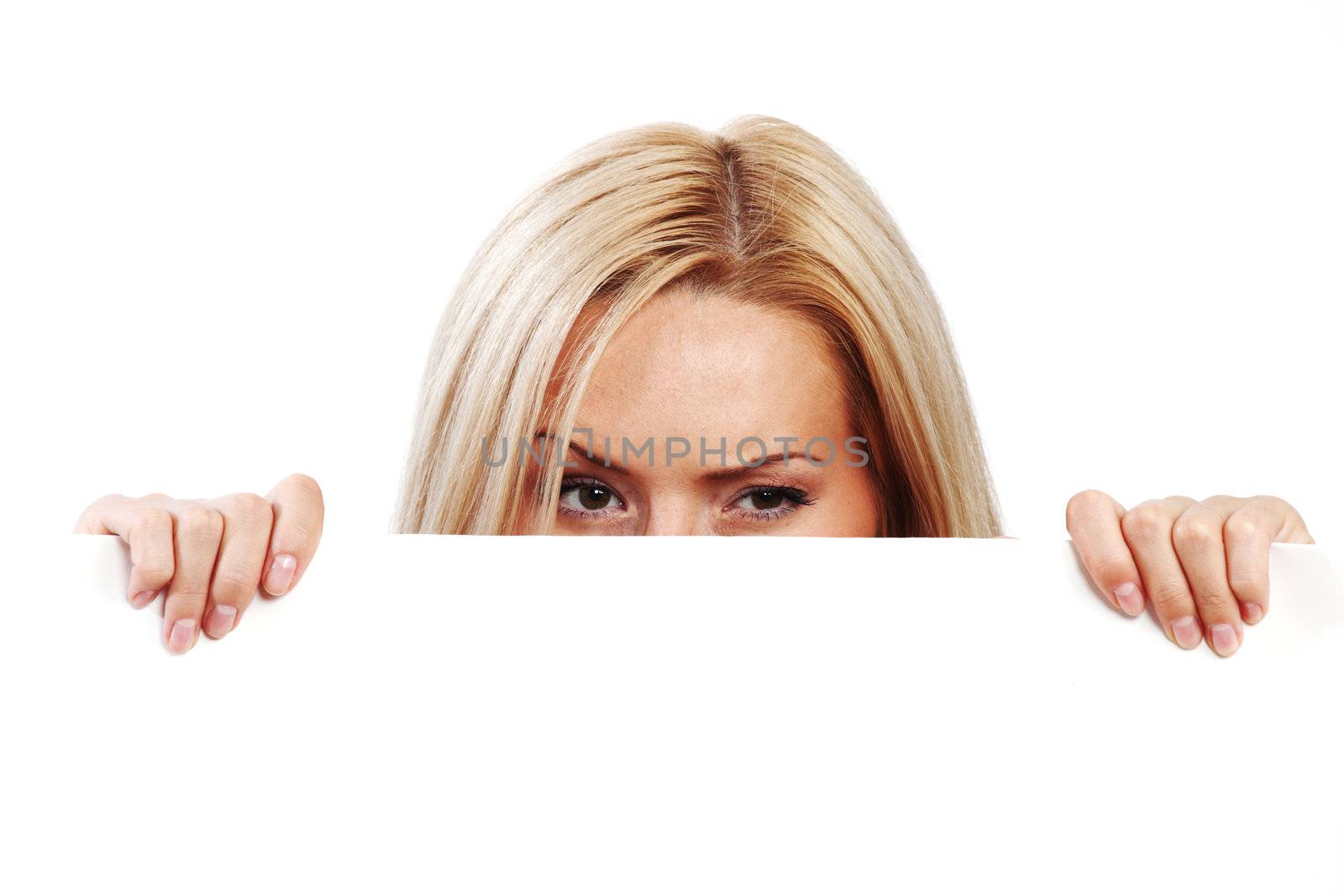 business woman hidden behind a white sheet of paper