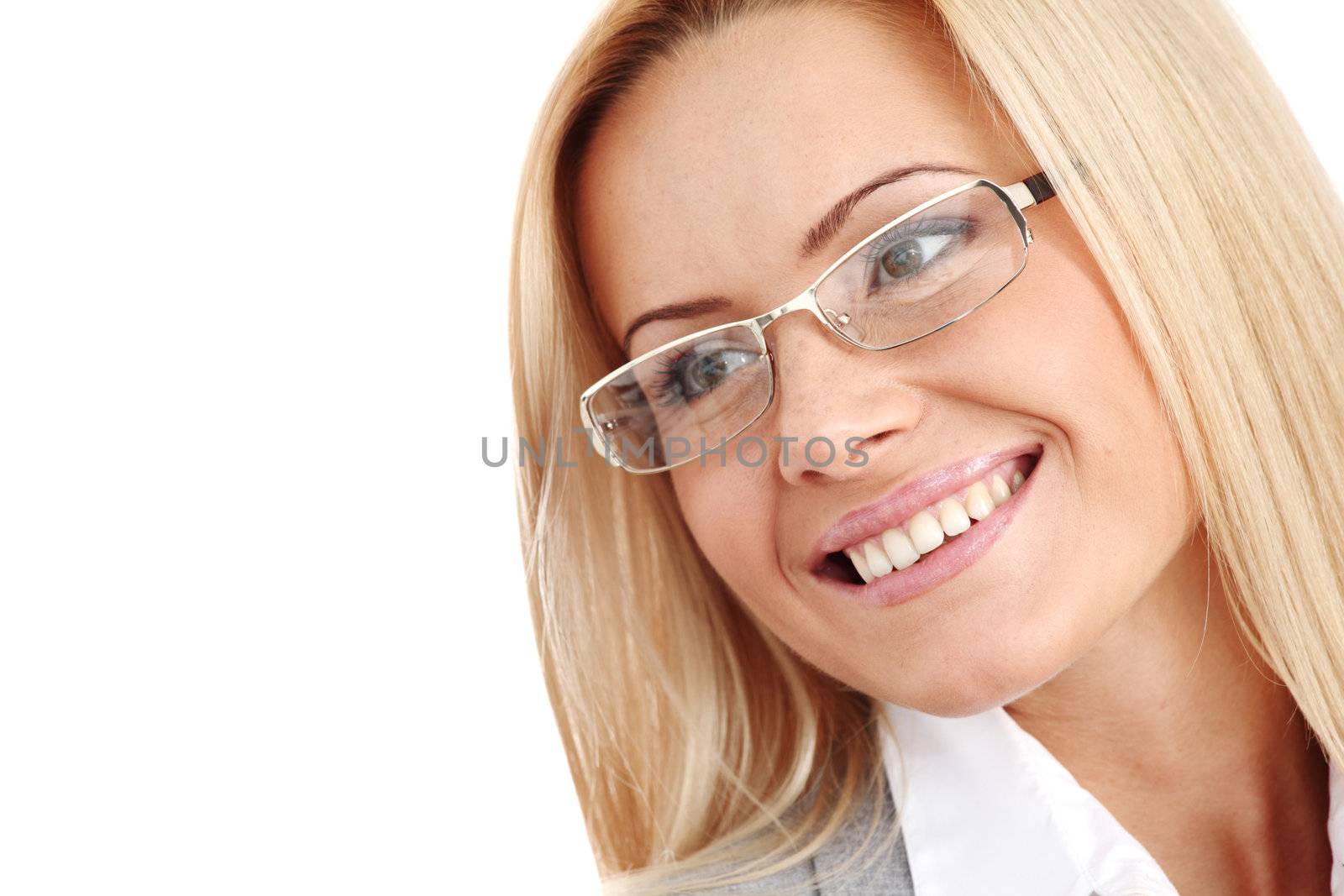 business woman in glasses on white background