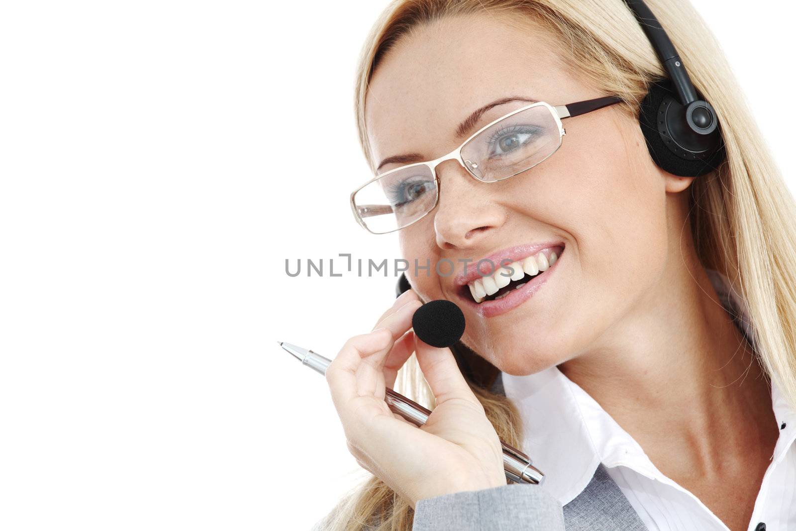 woman call with headset close portrait