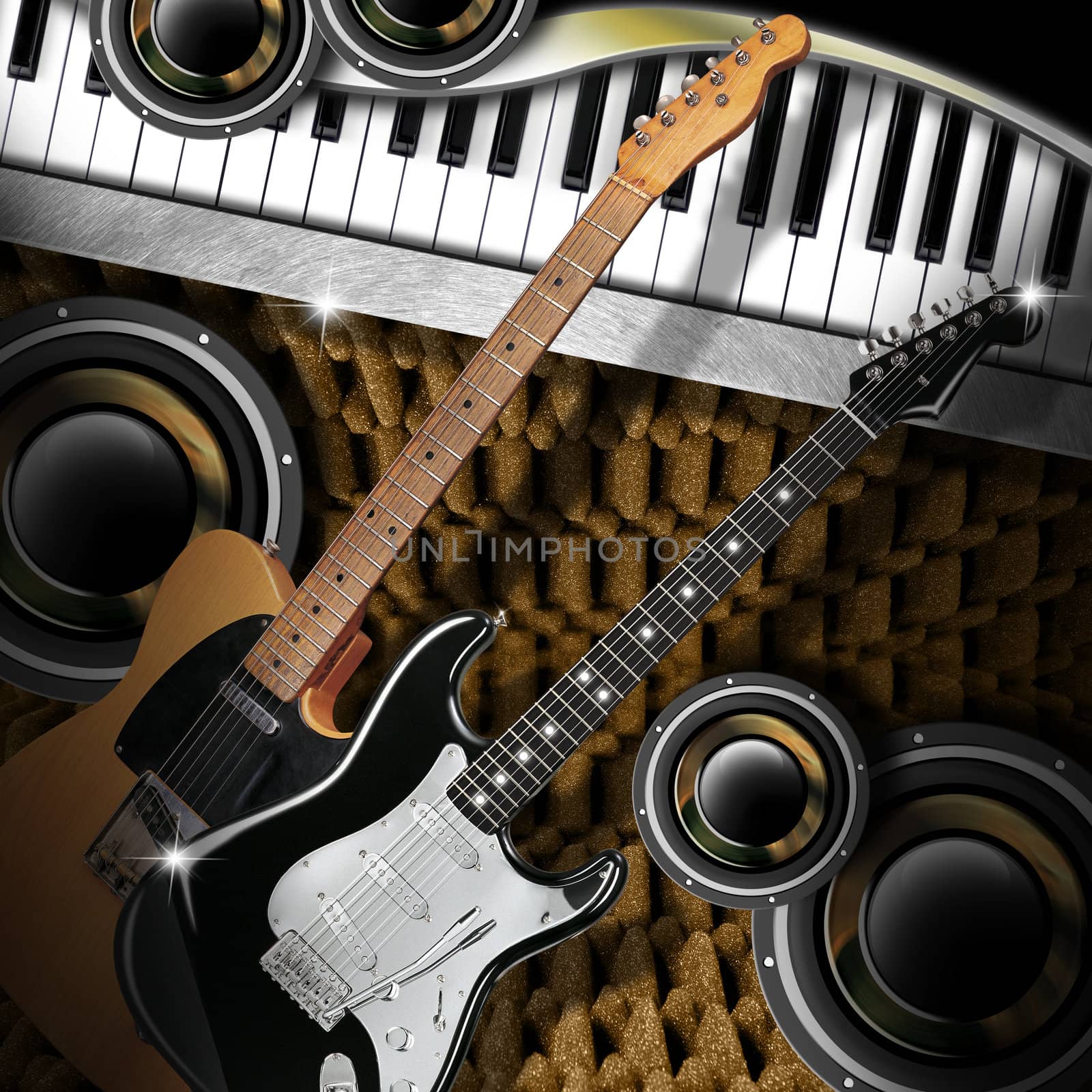 Music background with two electric guitars, piano and woofers
