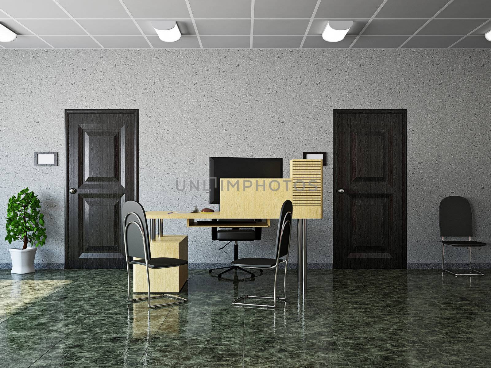 Hall with desk, chairs and marble floor