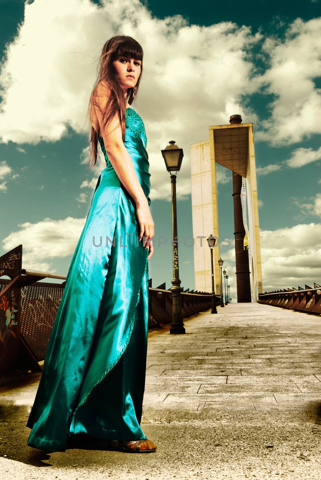 Young woman fashion outdoor cross processing dress urban scene by dgmata