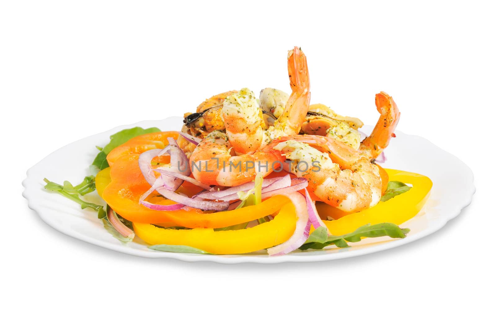 Salad with shrimp, mussels, bell peppers and onions. On white background.