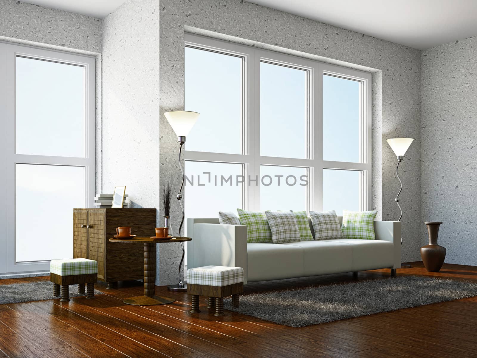 Livingroom with furniture  near the panoramic window