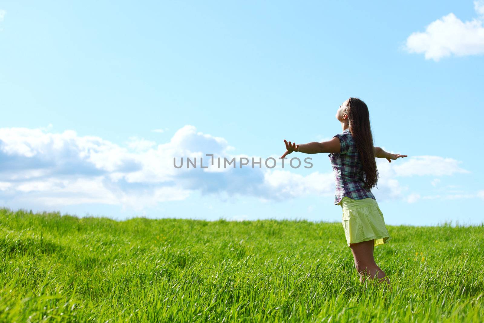 summer woman fly in blue sky