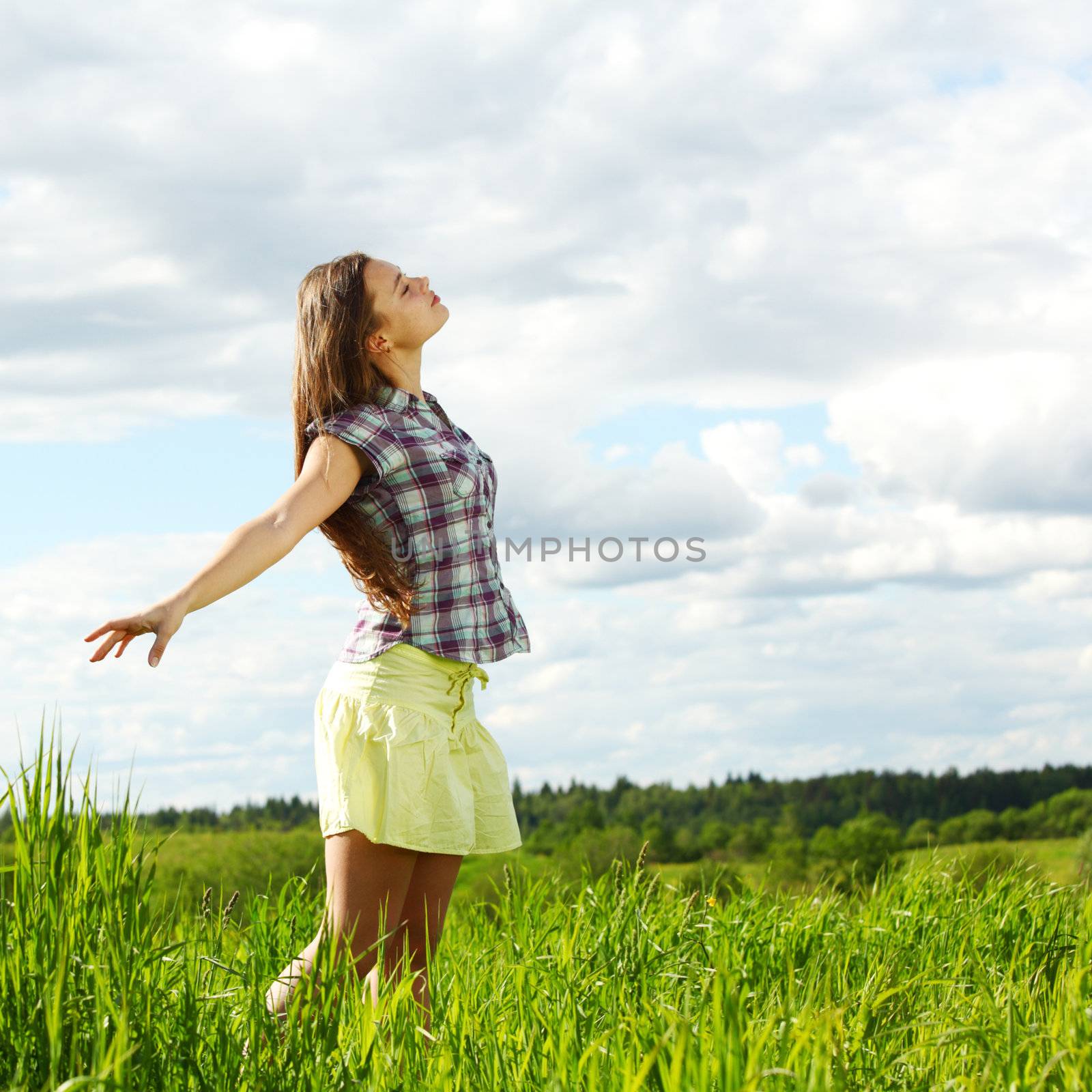 summer woman fly in blue sky