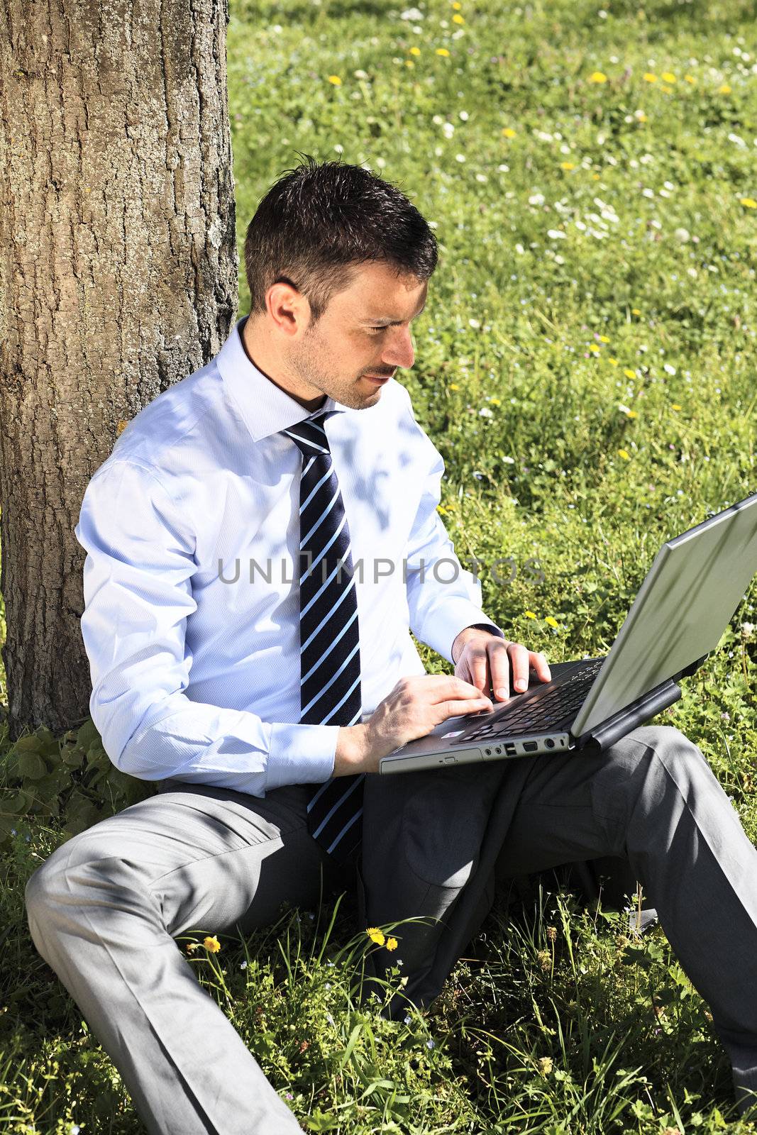 handsome businessman working on laptop in a park