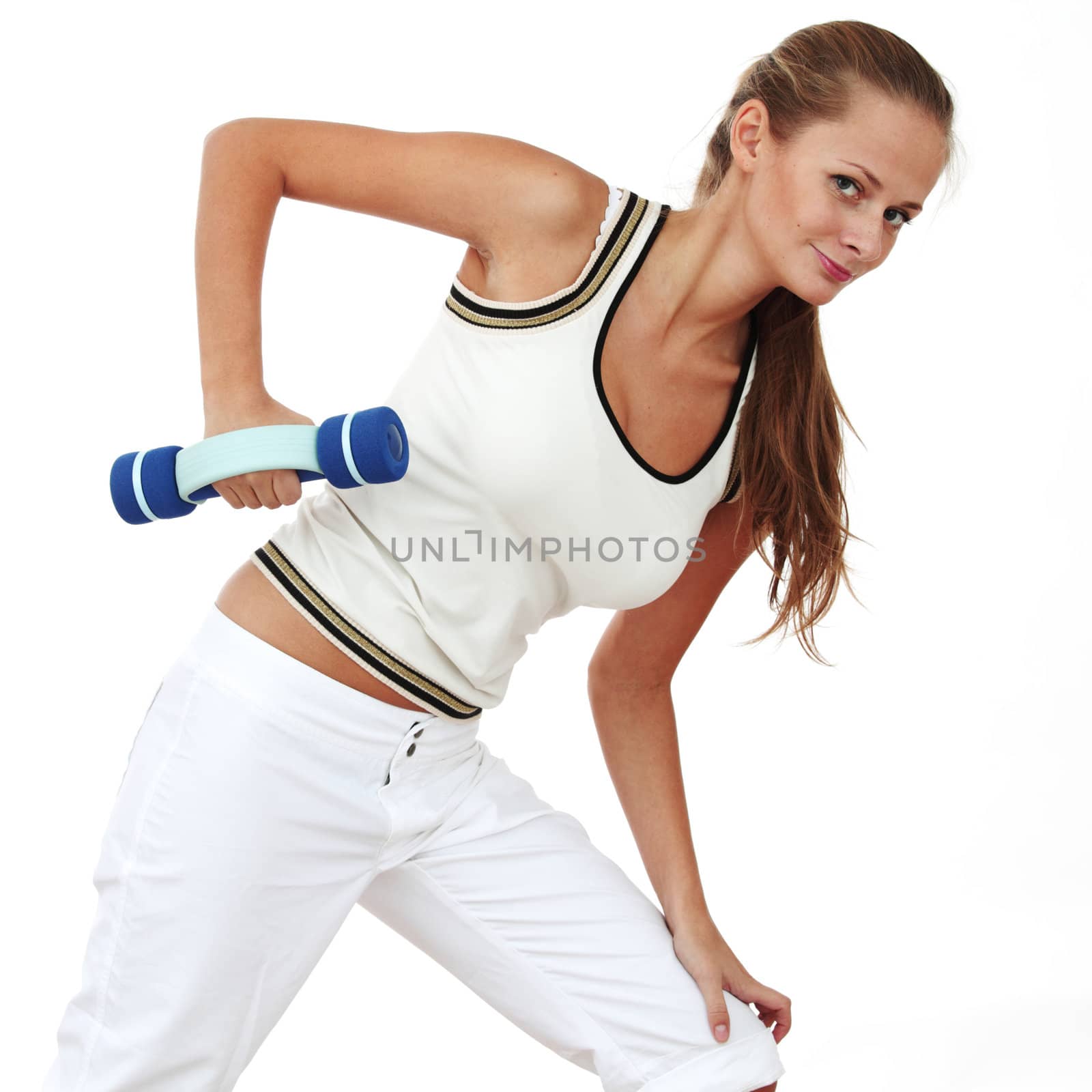 dumbbells in woman hands isolated on white