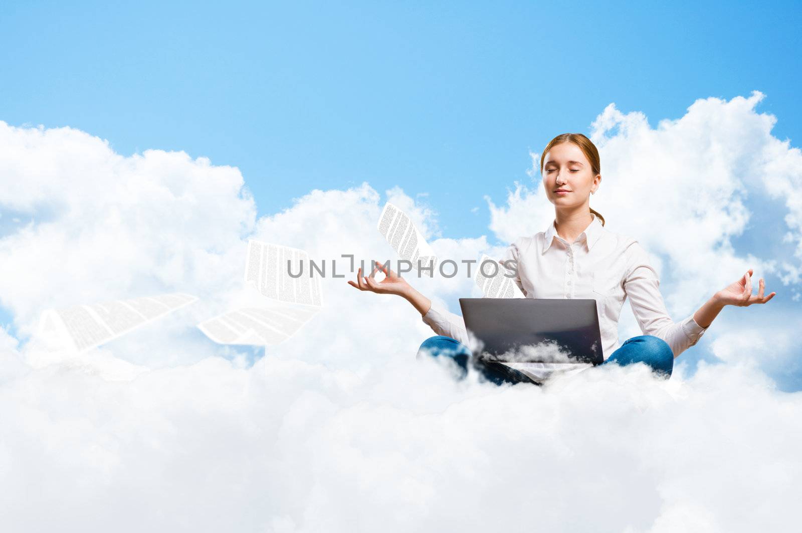 young girl meditating on the clouds with a laptop, dreaming at work