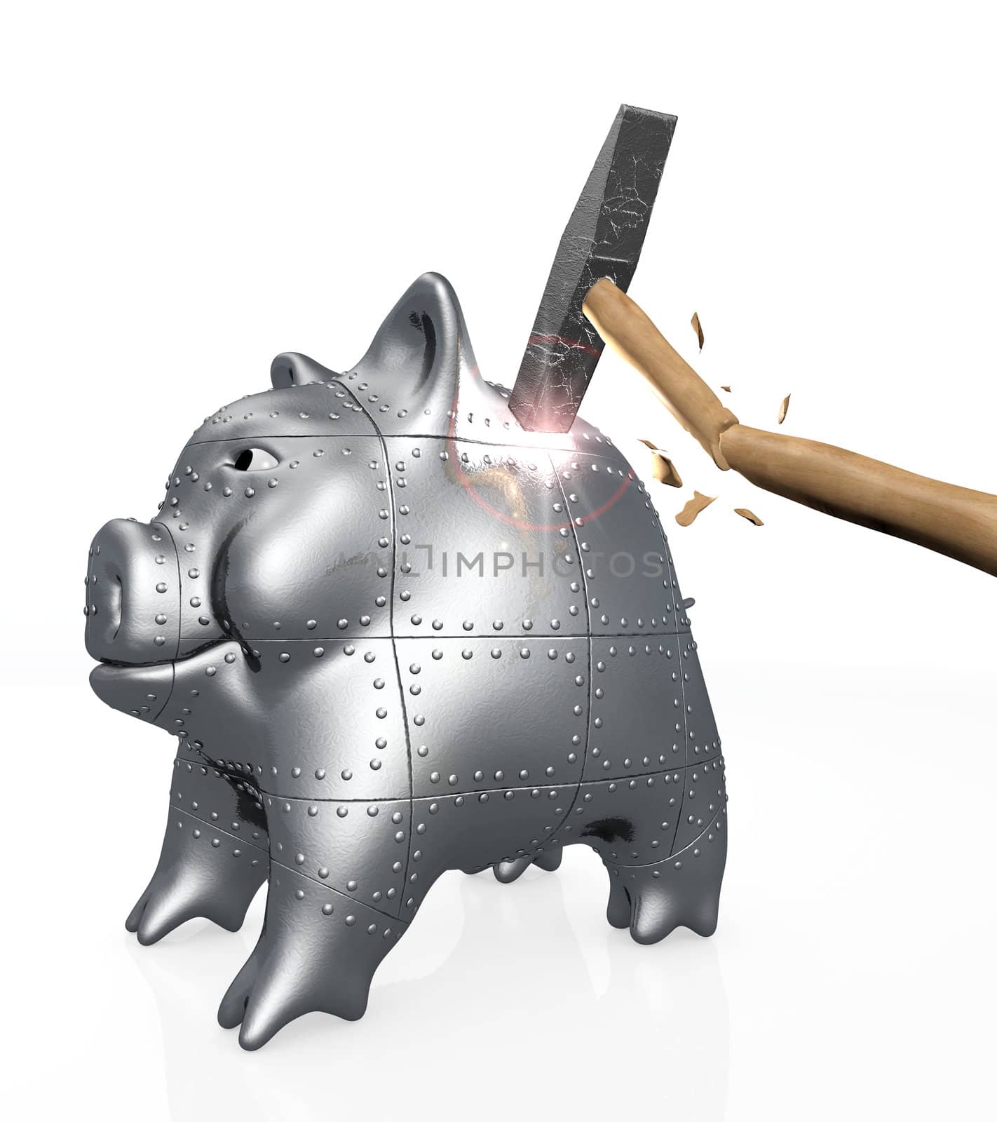 an armored piggy bank with confident attitude is hit by a hammer, the power of the hit that makes a flash of light breaks the hammer instead of the piggy bank