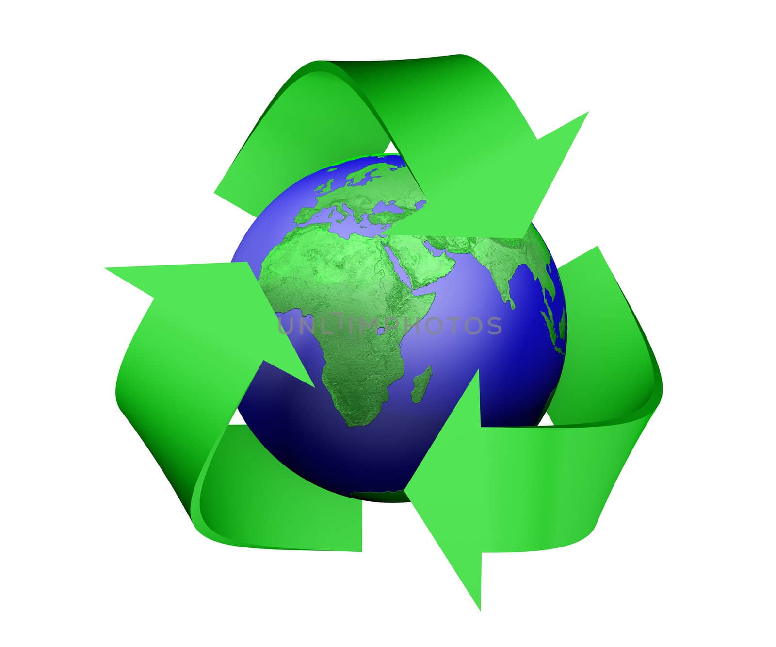 a 3D rendering of a green recycle icon that is covering earth with green lands, isolated on a white background