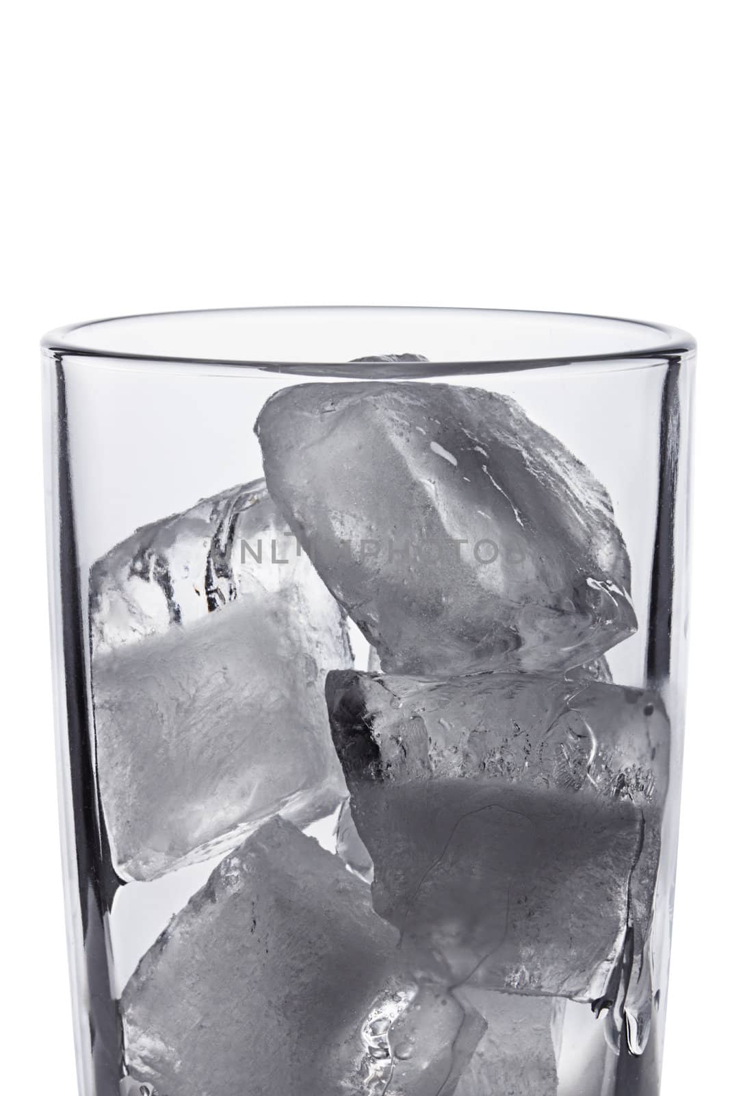 photo of empty glass with ice cubes on white background
